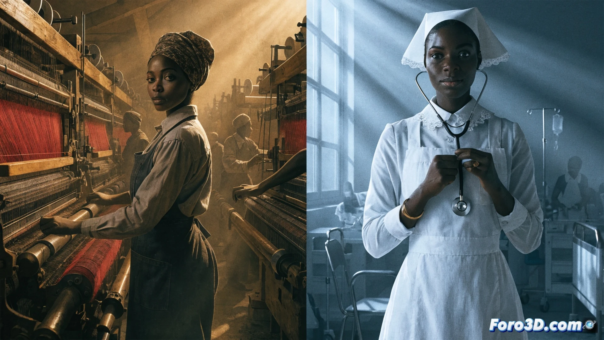 Caribbean women in 1950s London textile factory, sewing machines in action with fabric moving through automated rollers, one woman adjusting a mechanical thread tensioner while another demonstrates a finished garment, steam rising from industrial pressing equipment, worn wooden floors under fluorescent lighting, period-accurate dresses and headscarves, soft dust particles in light beams, photorealistic cinematic historical reconstruction, warm amber tones contrasting with grey machinery, detailed metal components on looms, focused expressions showing precision work
