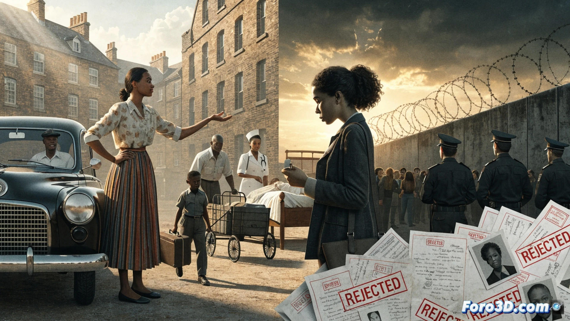 Windrush-era Caribbean nurses in crisp uniforms walking toward a modern NHS hospital entrance, their shadows transforming into faceless silhouettes at a border control glass barrier, hands pressing against the transparent wall while holding expired visa documents, a vintage ship anchor and a contemporary biometric scanner side by side on the ground, cracked pavement showing colonial-era cobblestones beneath, cold blue institutional lighting contrasting with warm Caribbean sunlight streaming through the glass, photorealistic cinematic visualization, dramatic chiaroscuro contrast, hyper-detailed fabric textures and reflective surfaces