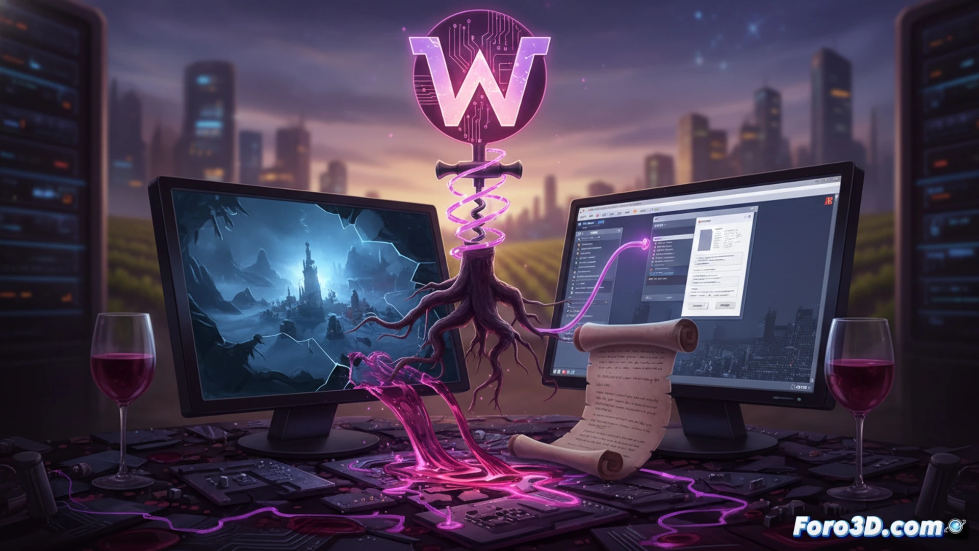 Un monitor de Linux muestra un PDF corregido y un juego de niebla iluminado, simbolizando 14 años de espera terminados.