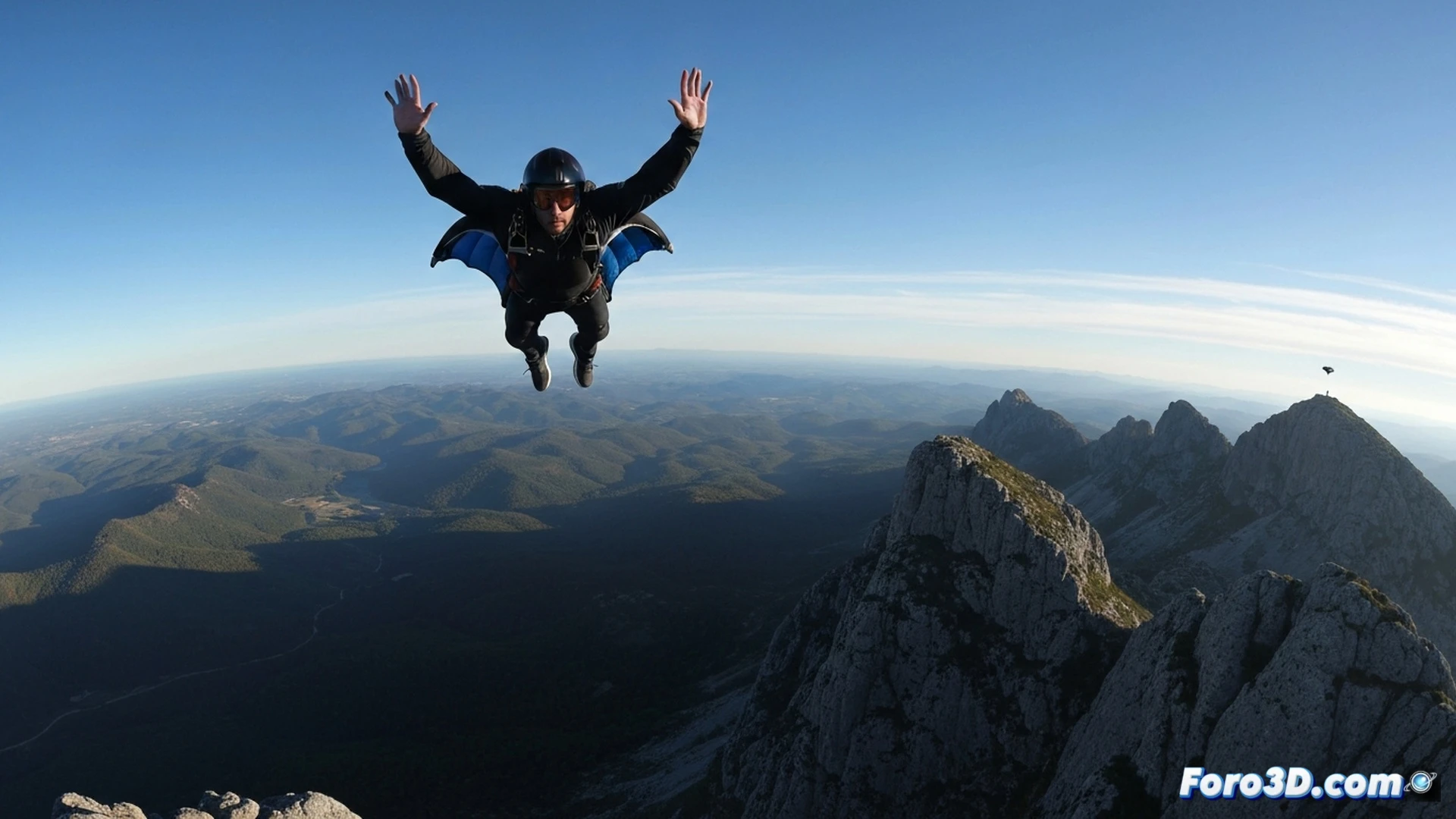 wingsuit pilot flying through narrow mountain canyon at 200 km/h, virtual reality headset on pilot face, hands gripping simulated wing fabric edges, rocky cliff walls blurring past on both sides, VR cable trailing behind, motion tracker gloves with LED indicators, green wireframe terrain overlay visible through headset, computer monitor in background showing real-time flight data and altitude readings, cinematic photorealistic render, dramatic side lighting, dust particles in air, speed lines, adrenaline action scene