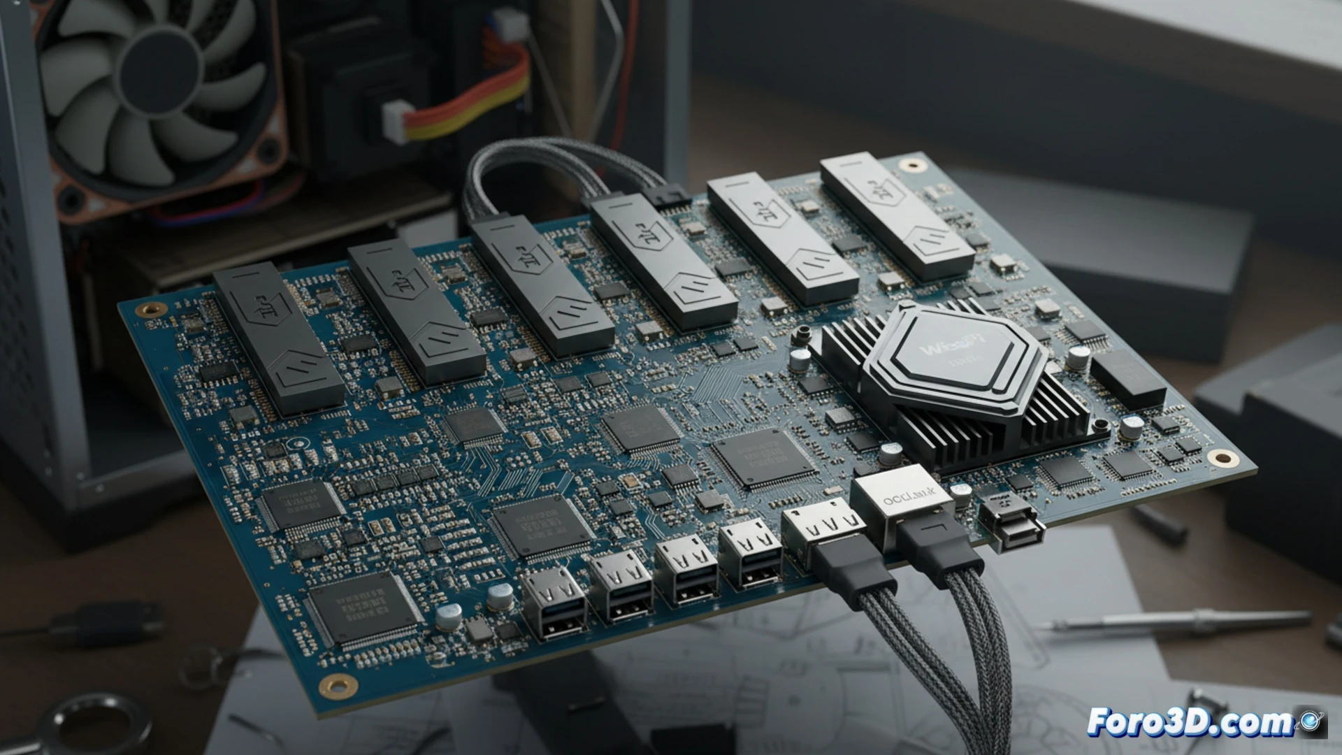 close-up of a desktop PC case with side panel removed, a green WisdPi expansion card inserted into a PCIe slot, four M.2 slots populated with SSDs, eleven USB ports clustered on a rear bracket, an OCuLink cable connected to a secondary motherboard, glowing blue activity LEDs on the card, a technician hand plugging a USB cable into one of the ports, tools like screwdriver and anti-static wrist strap visible on the desk, photorealistic technical illustration, bright studio lighting, sharp focus on connectors and PCB traces, engineering visualization style