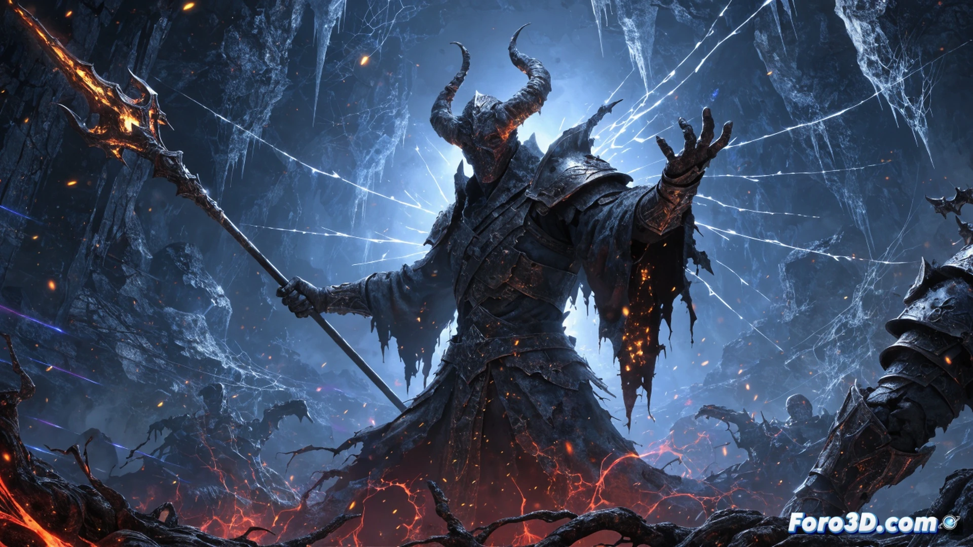 dark fantasy gothic cathedral ruins interior, glowing witchfire explosion illuminating stone pillars, spectral blue flames erupting from a cracked obsidian altar, a hooded figure aiming a crossbow at a floating demonic skull, particle effects of ash and ember swirling, volumetric fog with dynamic light rays, ancient runes flickering on walls, high-contrast lighting with deep shadows, cinematic action scene, photorealistic game engine render, metallic armor reflections, glowing magical trails, ultra-detailed stone textures, dramatic wide-angle perspective