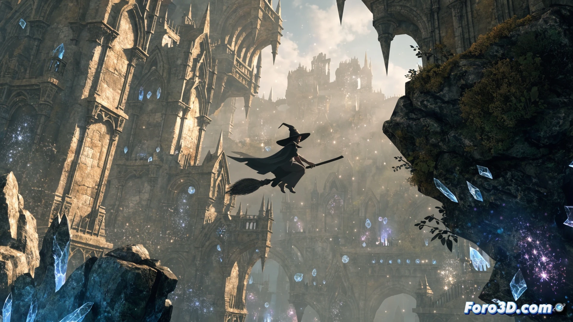 magic academy construction scene at dawn, witch flying on broomstick while casting a glowing blue spell to raise stone walls, wooden scaffolding and partially built tower with floating debris, enchanted tools hovering mid-air, green glowing runes on foundation stones, a tamed griffin perched on a half-finished roof, cinematic fantasy visualization, volumetric fog between ancient trees, particle effects from spellcasting, dynamic lighting from magical energy, photorealistic architectural details, motion blur on broomstick trail, realistic stone textures with moss, dramatic sunrise sky with soft clouds, wide-angle perspective showing construction progress