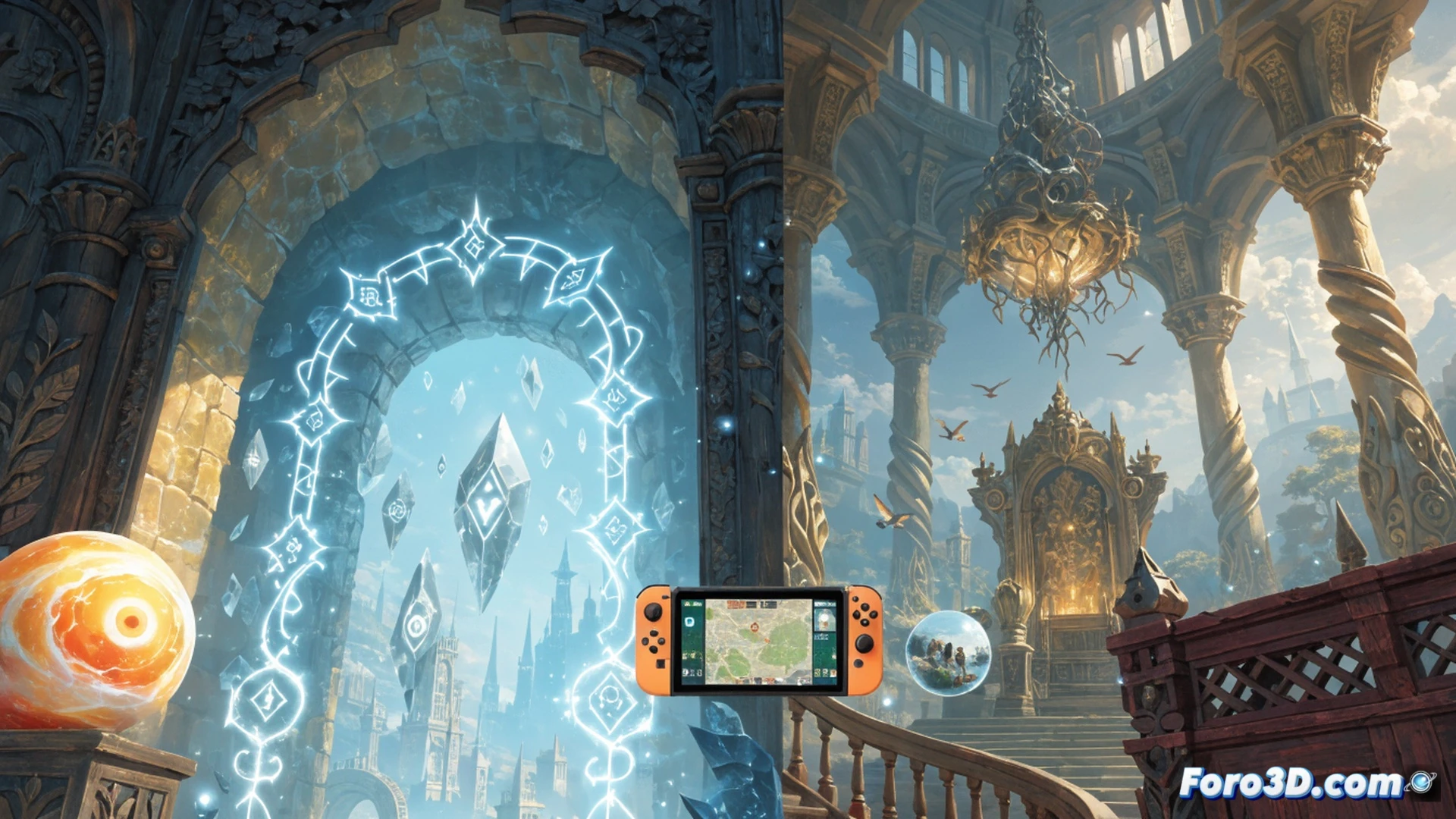 Wizard101 battle interface collapsing onto a Nintendo Switch screen, fragmented card icons scattering like shattered glass, a stylus slipping from a frustrated hand while Runescape and Maplestory logos fade into broken pixel grids behind, freemium microtransaction buttons morphing into tangled road-map lines across the display, cinematic technical illustration, dramatic overhead angle, cold blue console light contrasting with warm nostalgic glow from a discarded PC monitor in background, realistic plastic console texture, motion blur of failing touch gestures, ultra-detailed UI elements fracturing, photorealistic engineering visualization
