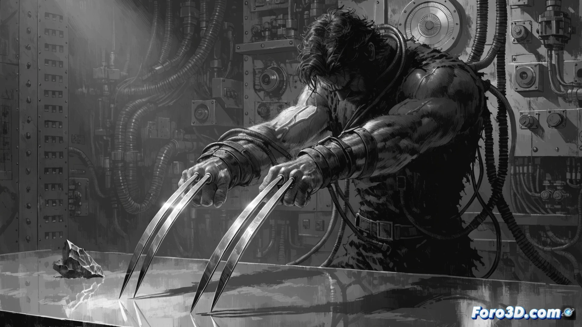 Wolverine adamantium skeleton bonding process, surgical clamps and hydraulic arms holding ribcage and skull during metal injection, liquid adamantium flowing through transparent tubes into spinal column, dark laboratory with overhead surgical lights casting sharp shadows on metal table, black and white high-contrast cinematic style, muscle tissue peeled back revealing bone structure, monitoring screens displaying vital signs in background, steam rising from heated metal, photorealistic medical horror visualization, extreme close-up on claw tips emerging from knuckles