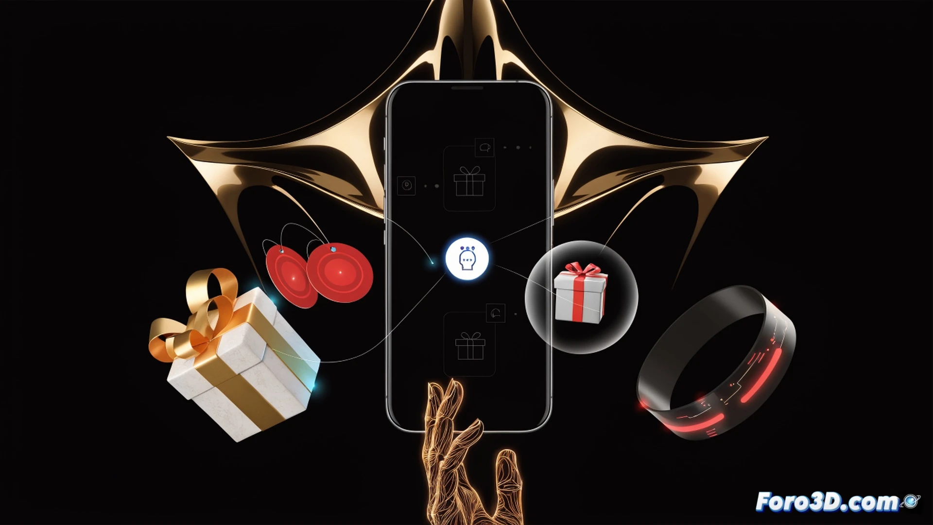 smartphone held by a young adult showing Wondea app interface with gift selection process, glowing digital wishlist icons floating above the screen, gift box morphing into a smiling face icon during the selection, hands scrolling through curated experience cards, minimalist app UI with soft gradients, photorealistic technical illustration, warm indoor lighting, shallow depth of field, clean desk background with a single wrapped gift and coffee cup, cinematic product photography style, hyper-detailed screen reflections on the glass