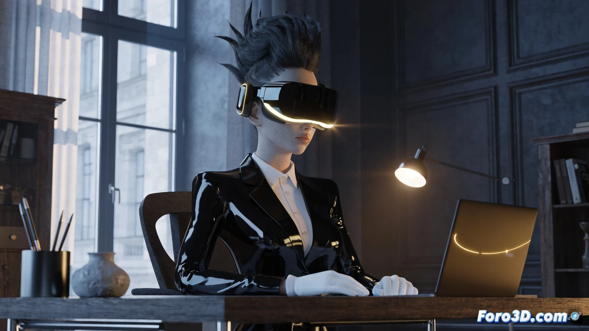 real-time 3D character replacement in live-action video footage, human actor being digitally replaced by a glowing sci-fi robot mid-motion, camera tracking markers visible on set, laptop screen showing Wonder Studio interface with automatic lighting and motion transfer, studio lights and green screen background, cinematic technical visualization, dynamic pose with arms extended, seamless integration of digital character and physical environment, metallic textures reflecting real-world light sources, wireframe overlay partially visible, photorealistic engineering render, dramatic film set lighting