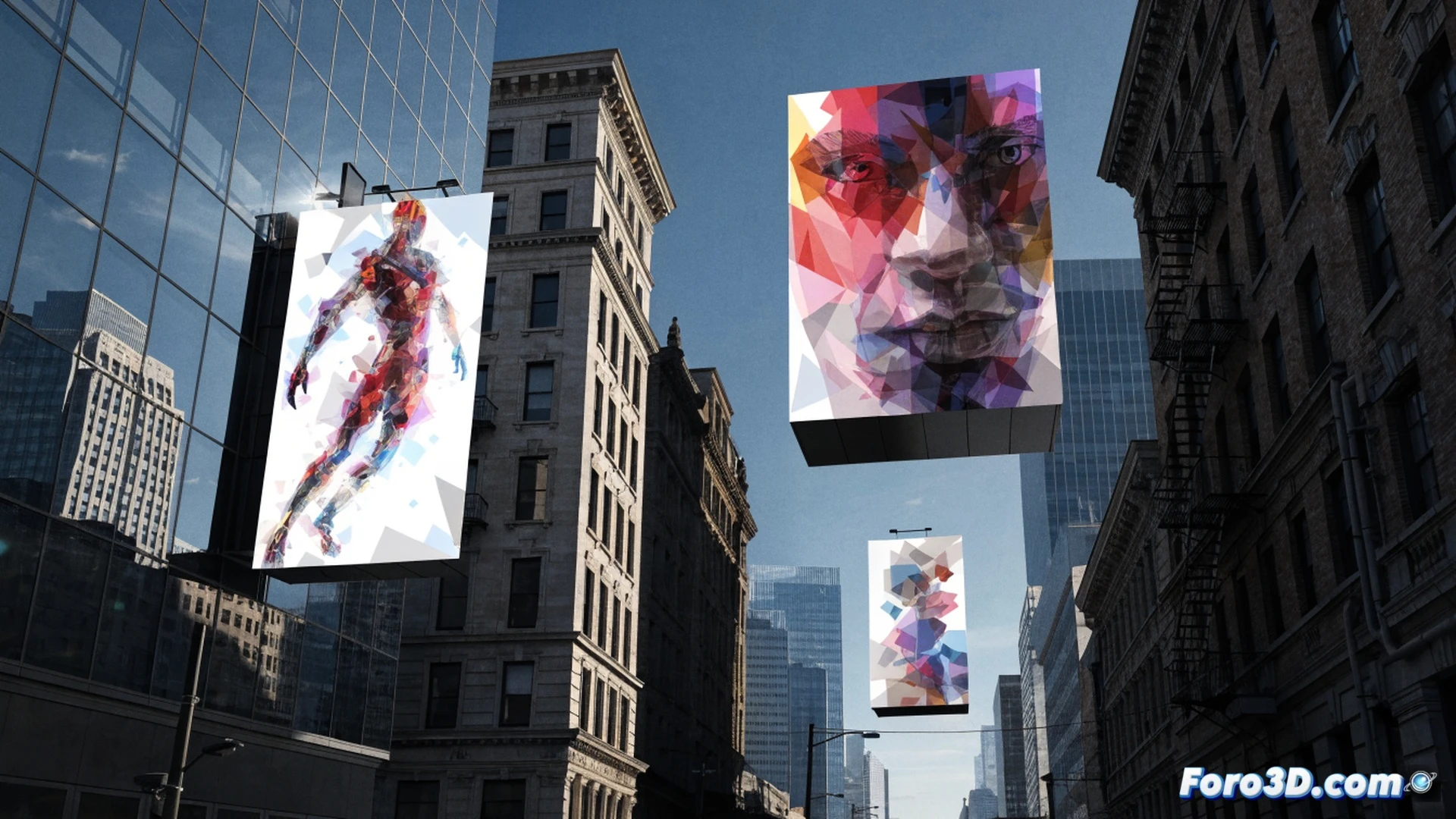 abandoned city street at night, a large 3D billboard showing Wonder Man in a glowing superhero pose, motion sensors and infrared cameras mounted on the billboard frame, the holographic projection flickering and fading as a silhouette of a person walks away, empty sidewalk reflecting neon light, cinematic photorealistic render, dramatic shadows, blue and red ambient lighting, high contrast, ultra-detailed billboard mechanics, cables and LED panels visible, ghostly presence effect, technical illustration style with cinematic atmosphere