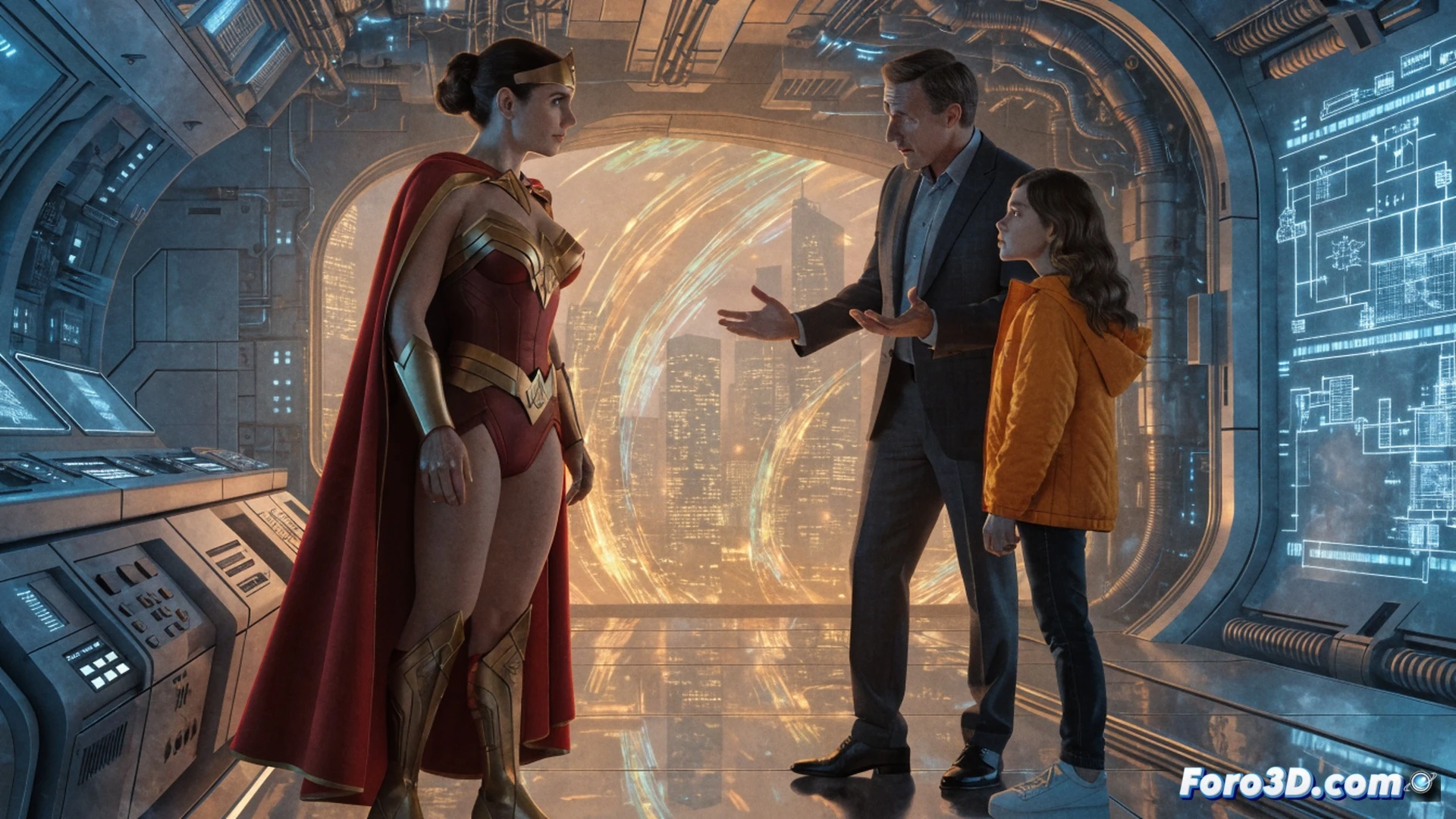 Wonder Woman en armadura dorada y roja sosteniendo un Lasso of Truth brillante, mientras un portal temporal digital se abre detrás de ella, mostrando a Steve Trevor y una niña emergiendo del futuro, partículas cuánticas azules flotando alrededor, líneas de código verde fluyendo en el borde del portal, relojes rotos y engranajes suspendidos en el aire, acción congelada en el momento del salto temporal, estilo cinematic photorealistic, iluminación dramática con destellos eléctricos, texturas metálicas detalladas, render técnico de alta fidelidad, fondo de laboratorio futurista con pantallas holográficas mostrando líneas de tiempo divergentes