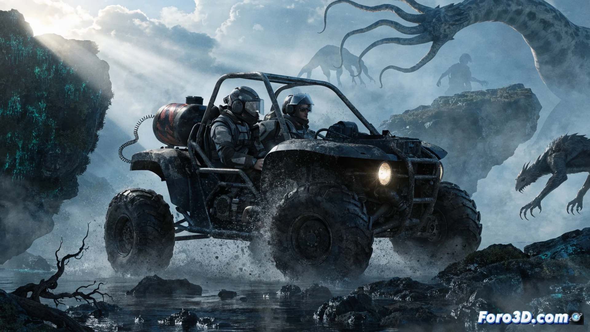 off-road vehicle driving through dense fog in Bermuda Triangle, four player characters inside visible through windows, one player leaning out to grab a glowing artifact while another scans surroundings with handheld device, strange creature silhouette emerging from mist behind a rock formation, realistic physics simulation with mud splashing on tires and suspension compressing over uneven terrain, cinematic action scene, dramatic storm lighting, volumetric fog effects, photorealistic technical illustration, dynamic motion blur, detailed vehicle chassis and suspension components visible through transparent cutaway