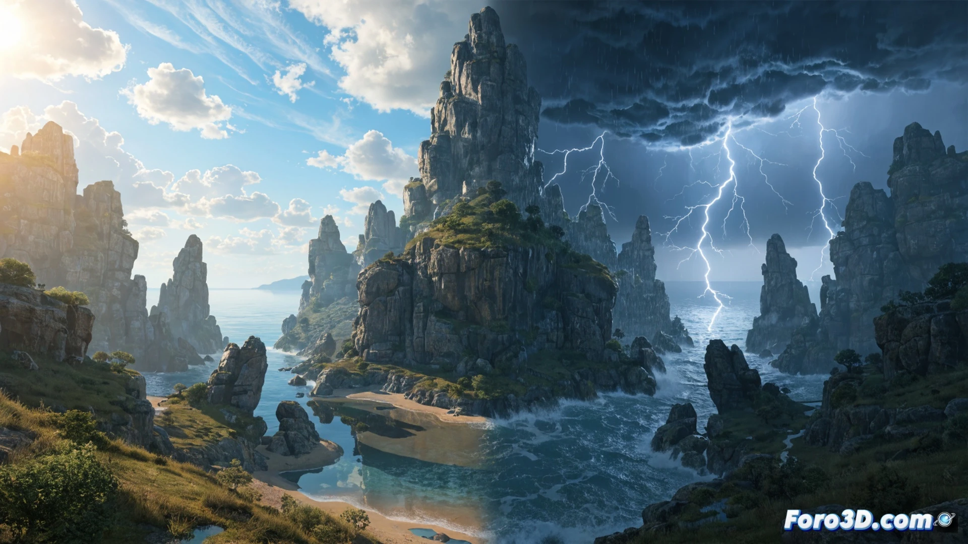 open-world game environment transforming in real-time, virtual forest landscape shifting from sunny day to stormy rain, digital weather data streams overlaying the scene, glowing UI elements showing real-time meteorological sensor inputs, floating holographic map with dynamic weather patterns merging with game terrain, AI prediction algorithms visualized as flowing light particles adapting NPC behavior and quest markers, high-tech gaming setup with transparent screens displaying city weather API feeds, seamless mutation of game assets without loading screens, cinematic photorealistic render, dramatic contrast between bright digital sky and dark storm clouds, ultra-detailed foliage reacting to virtual wind, neon-accented technical visualization, immersive action demonstrating live environmental adaptation