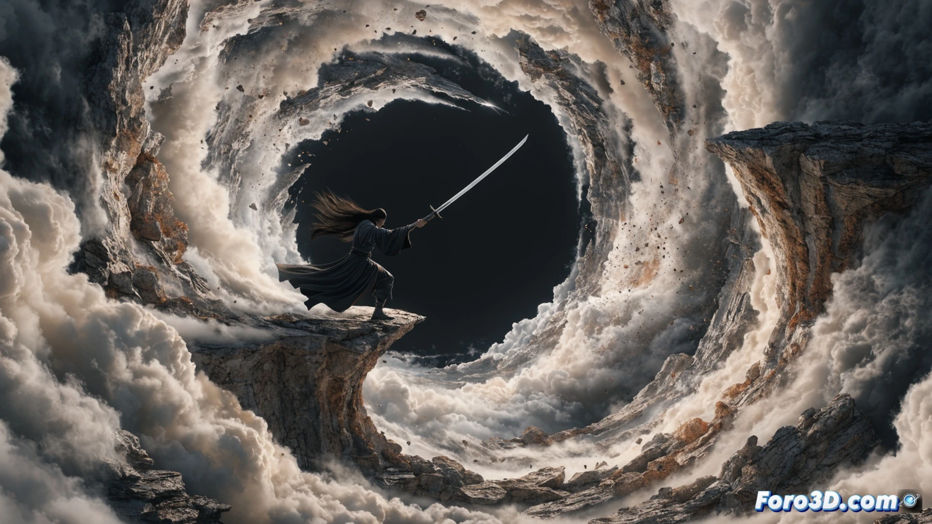 Wuxia martial artist performing a sword technique mid-air, blade edge carving glowing geometric lines into empty space, digital terrain forming from the impact of each strike, particle clouds being sculpted by the character's breath, floating rock fragments shaped by sword motion, 3D modeling interface visible in background showing wireframe structures, cinematic technical illustration, glowing blue and white energy trails, dynamic action pose, unreal engine volumetric lighting, particle system visualization, ultra-detailed cloth physics, photorealistic martial arts render