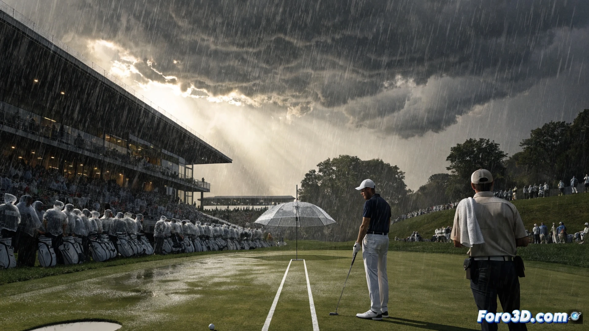 cinematic wide shot of a rain-soaked golf course at dusk, Wyndham Clark mid-swing on a flooded fairway, water droplets freezing mid-air as lightning illuminates a suspended electronic leaderboard showing his name at the top, green flags whipping in heavy wind, golf clubs in a wet bag on a cart, dark storm clouds with visible lightning bolts, rain pooling on grass, dramatic storm lighting reflecting off puddles, photorealistic sports broadcast quality, motion blur on raindrops, technical detail of golf equipment and weather monitoring sensors visible on course edges, ultra-detailed textures of wet turf and club grips