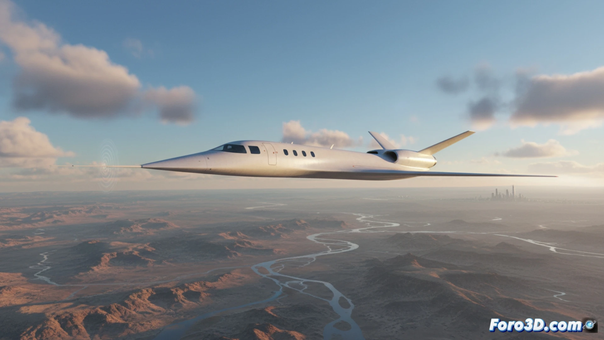 X-59 experimental aircraft breaking sound barrier at supersonic speed, visible shockwave cones forming around needle-like nose and fuselage, silent sonic boom represented by faint concentric ripples instead of loud explosion, smooth airflow patterns shown with glowing blue contour lines over wings and tail, NASA markings visible on sleek white metallic surface, clear sky with high-altitude clouds, cinematic photorealistic engineering visualization, dramatic sunlight highlighting aerodynamic curves, ultra-detailed mechanical structures, motion blur on wingtips, vapor condensation trails forming gently, no disruptive blast wave depicted, peaceful supersonic flight demonstration