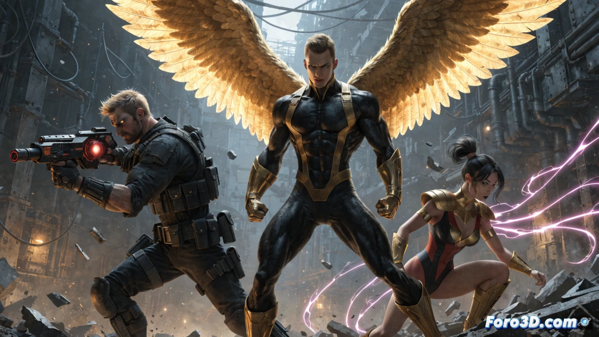 X-Force team in combat stance during a mutant attack, Cable aiming a high-tech plasma rifle with glowing energy trails, Archangel mid-flight with metallic wings deploying sharp blades, Psylocke generating a psychic knife while surrounded by shattered concrete debris, ruined city street with damaged vehicles and electrical sparks, dramatic cinematic lighting with smoke and dust particles, photorealistic action scene, dynamic motion blur, metallic armor reflections, intense red and blue color contrast, ultra-detailed weapon components and tactical gear