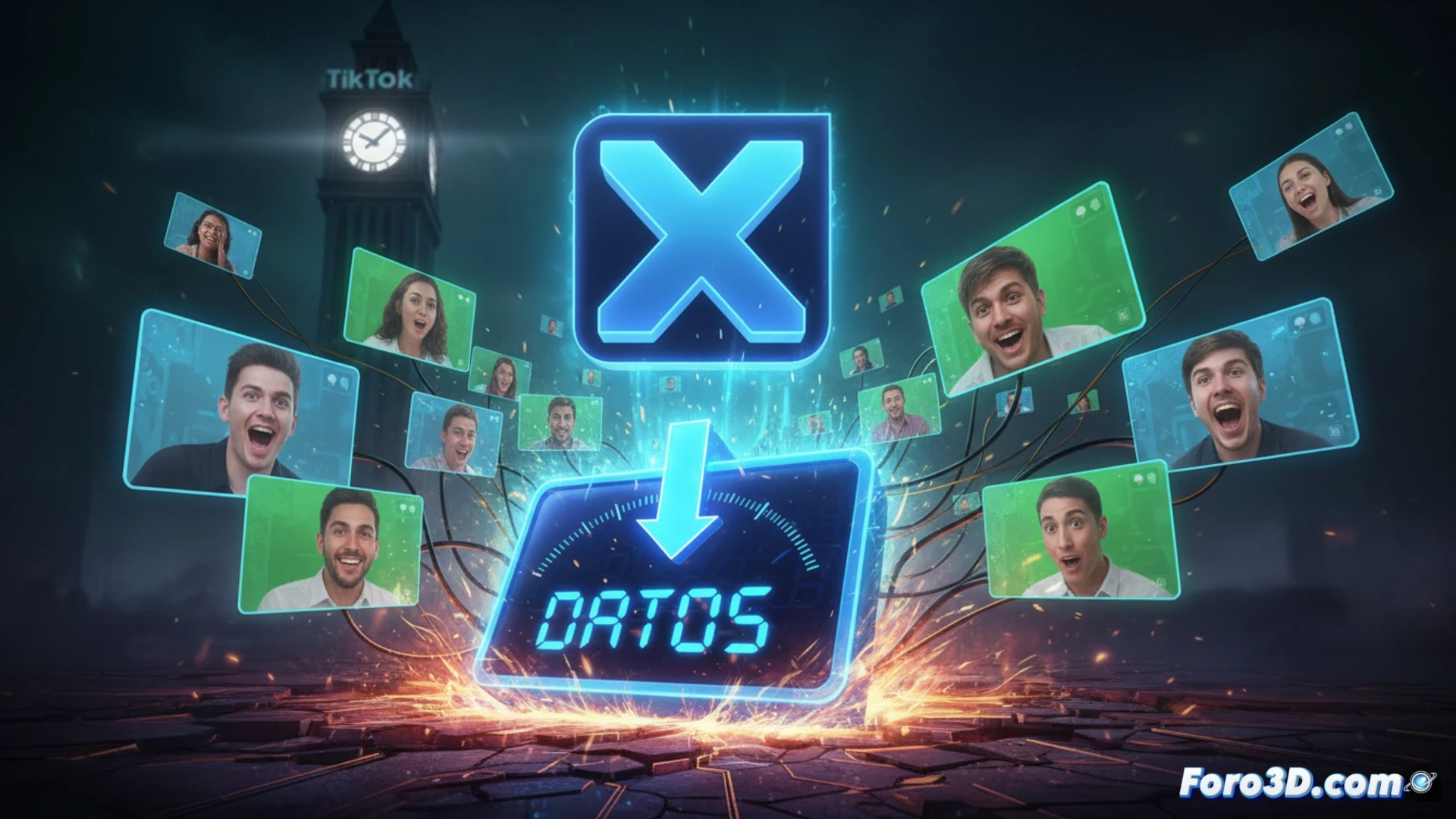 Photorealistic technical illustration showing a smartphone screen displaying X app interface with a React with Video button, user finger pressing record while a green screen overlay shows a blurred TikTok-style reaction layout, background data usage meter rapidly increasing, cellular signal bars dropping, Wi-Fi icon switching to mobile data, cinematic lighting with dramatic shadows, phone held by anonymous hand, dark mode UI, glowing red record indicator, technical details of network consumption visible through translucent overlays, engineering visualization style