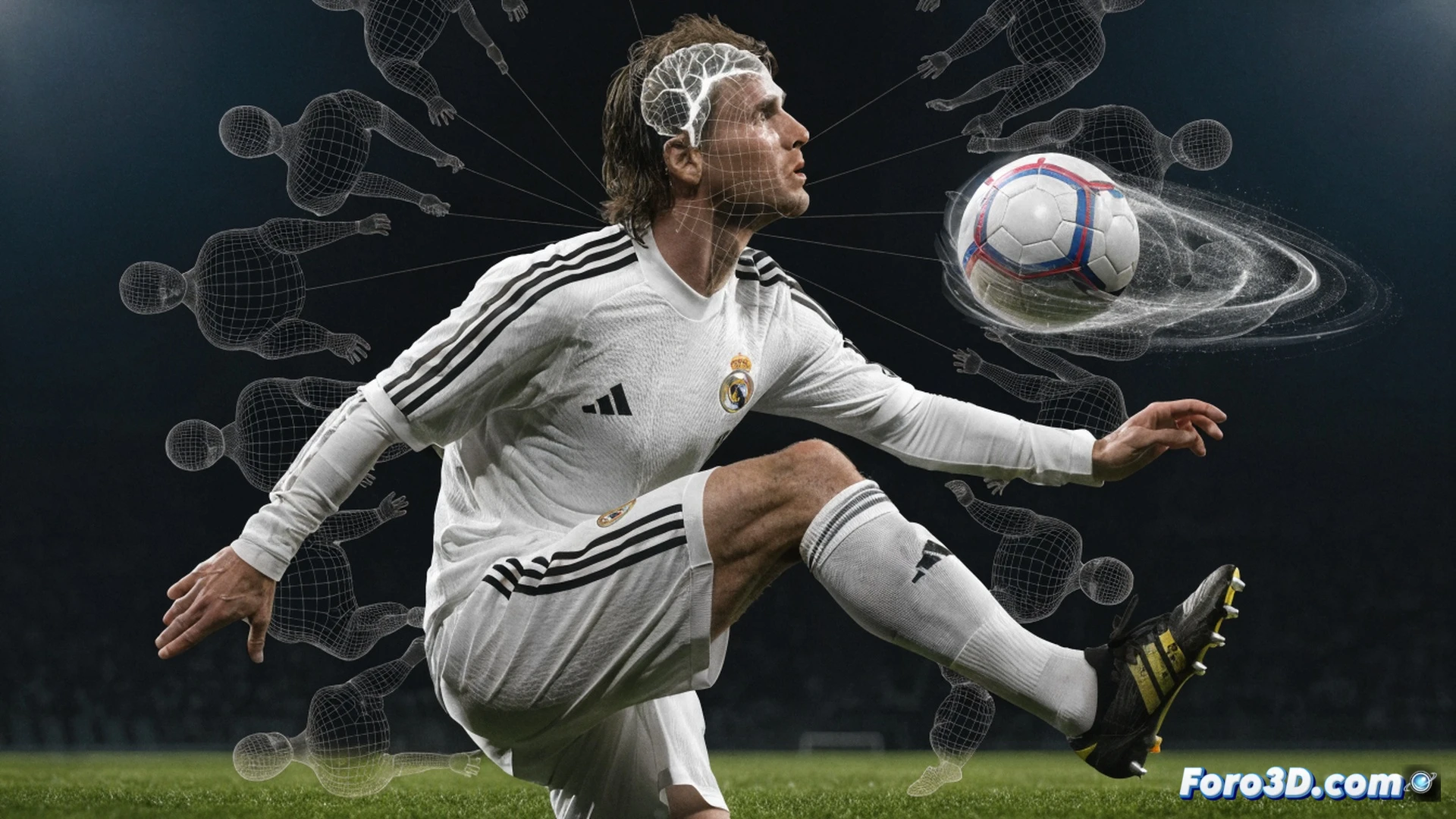 Photorealistic cinematic illustration of Xabi Alonso as a midfield pivot, scanning the pitch with a glowing 3D spatial grid overlay projecting from his eyes, precise long-pass trajectory lines arcing from his right foot to a distant teammate, tactical heatmaps and opponent movement vectors visible on the field, motion blur on his turning body, dynamic stadium lighting, deep depth of field, technical engineering visualization style, hyper-detailed grass texture and boot studs, data-stream particles around his head, showing real-time field analysis process