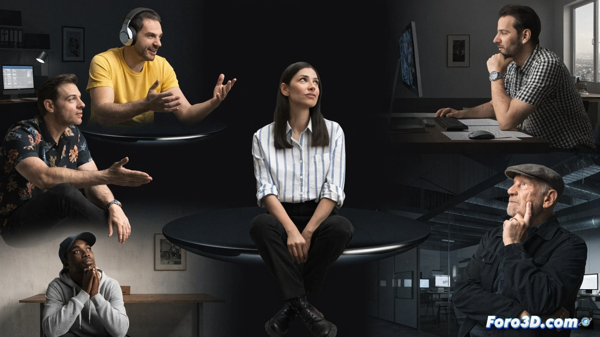 Six editors sitting around a virtual meeting table, each on separate laptop screens floating in a dark digital space, casual conversation visible through open browser tabs showing tech news and live chat windows, one editor gesturing while another types, relaxed postures, no fixed agenda, warm ambient lighting from monitor glow, webcam feeds connected by soft blue lines, modern minimalist interface elements, photorealistic cinematic style, collaborative atmosphere, subtle motion blur on typing hands, clean UI components, realistic skin tones and reflections