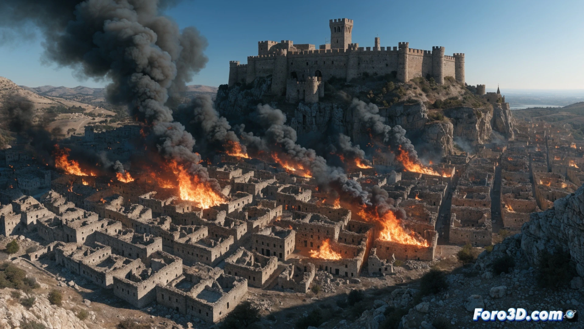 Burning cityscape at dusk, flames consuming Gothic stone buildings and wooden roofs, terrified citizens fleeing through narrow cobblestone streets, smoke rising in thick black columns against orange sky, soldiers with muskets silhouetted in doorways, historical military uniforms from 1707, crumbling medieval walls, glowing embers floating in air, cinematic photorealistic historical reconstruction, dramatic chiaroscuro lighting, ultra-detailed stone textures, ash particles suspended in turbulent heat haze, wide-angle devastation shot, realistic fire physics, smoke billowing between bell towers, desperate action of escape, abandoned carts and scattered belongings on street, technical historical accuracy in architecture and weaponry
