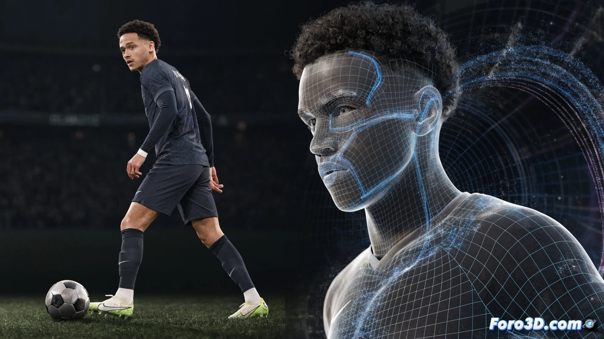 Xavi Simons dribbling through midfield, 3D motion capture wireframe overlay tracking his body movement and ball control, glowing GPS trajectory lines showing his path into opponent territory, heatmap data visualization on the pitch surface highlighting positioning zones, regate action with blurred defenders in background, cinematic technical illustration style, photorealistic skin texture and jersey fabric, dynamic stadium lighting, depth of field on ball and feet, ultra-detailed muscle tension and footwork, engineering visualization of movement analytics