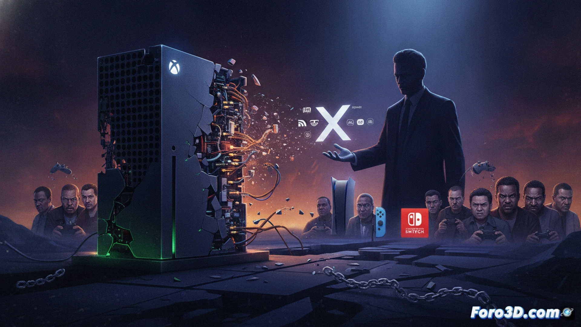 Xbox Series X console splitting open like a cracked egg, green Xbox logo fading into translucent PlayStation and Switch silhouettes, circuit board fragments falling away while glowing game discs float toward other platforms, dramatic cinematic engineering visualization, cracked metallic shell interior showing exposed wires and cooling fans, particles of green light dispersing, photorealistic technical render, industrial studio lighting, sharp shadows on reflective surfaces, sense of transformation and dissolution
