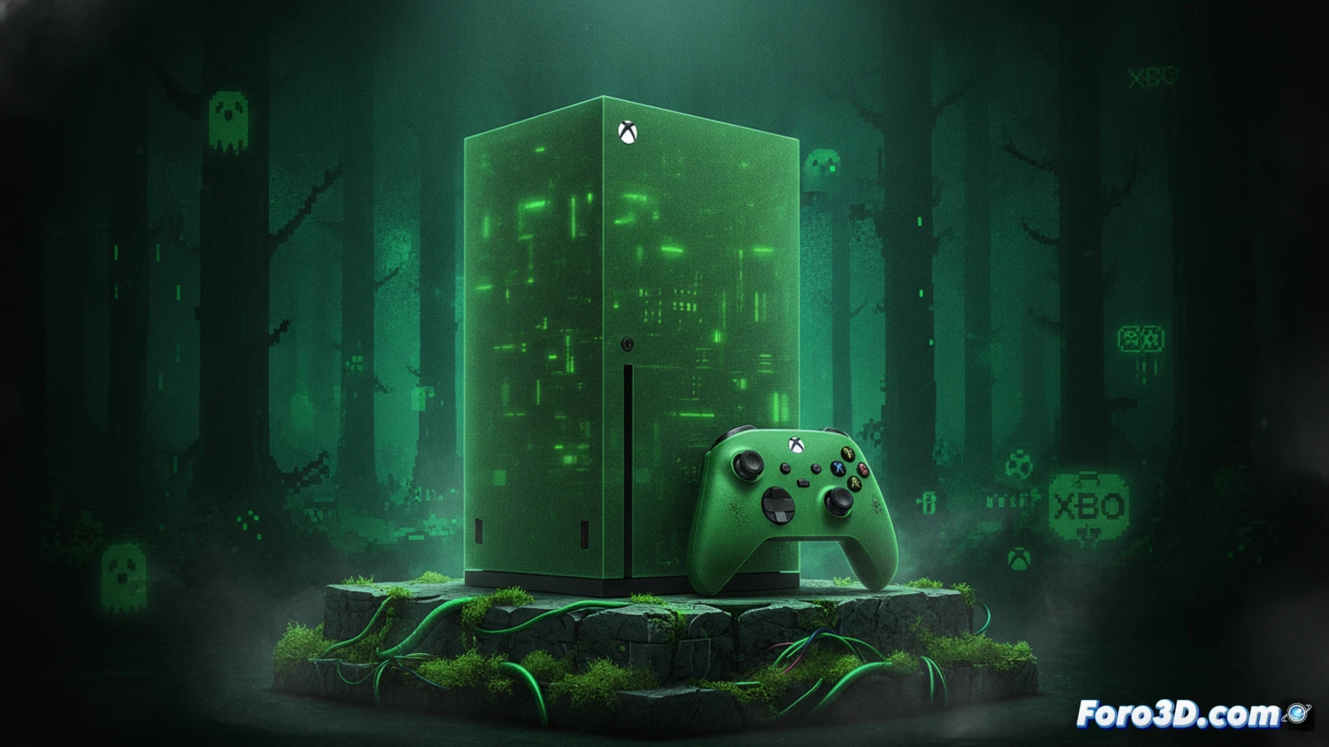 Xbox Series X translucent green limited edition console being unboxed on a wooden table, green controller beside it with visible circuit board patterns through the casing, studio spotlight casting dramatic reflections on the glossy surface, motion blur effect as a hand removes the cardboard sleeve, nostalgic green glow illuminating the room, photorealistic product photography style, ultra-sharp details on the vent grille and textured grip, subtle dust particles suspended in light, cinematic depth of field, high-contrast shadows emphasizing the transparent shell