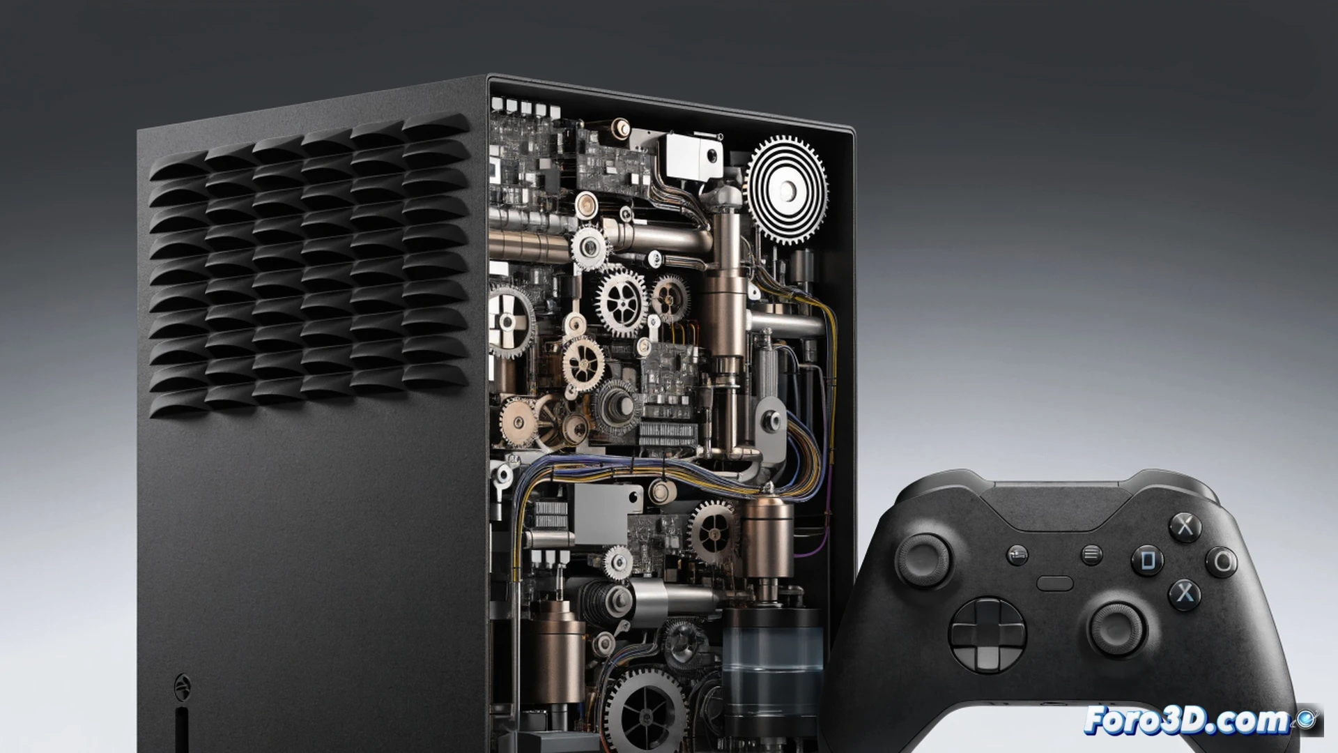 Xbox Series X motherboard being lifted from a factory assembly line by a robotic arm, silicon memory chips and SSD storage modules glowing with overheating red warning indicators, a transparent glass panel showing cracked component supply chain, crisis timeline markers on a digital display behind the console, while a family budget calculator sits nearby with its screen showing a rising cost graph, cinematic technical illustration, high-contrast industrial lighting, photorealistic engineering visualization, metallic surfaces reflecting amber warning lights, macro details of memory chips and capacitors, dramatic shadows emphasizing the weight of the purchase decision