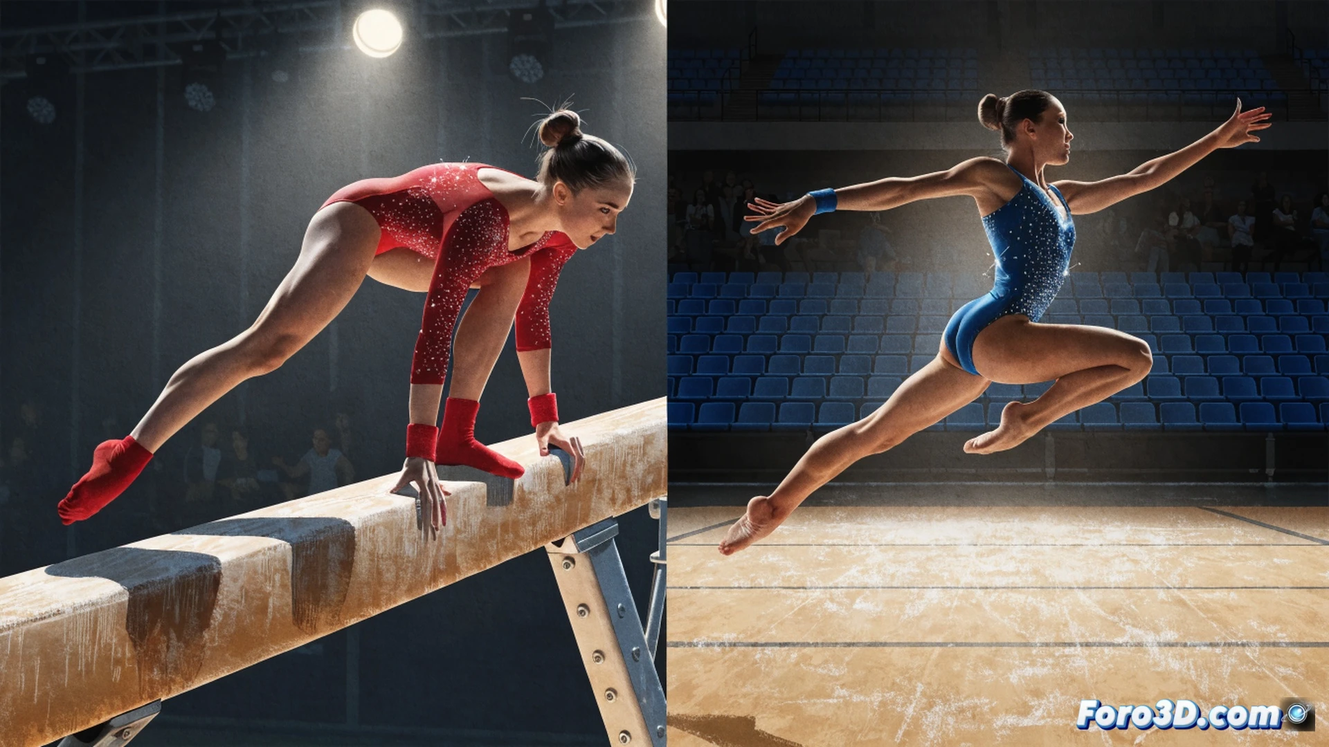 gymnast executing a perfect balance beam dismount, mid-air rotation with precise body alignment, competition floor with Iberdrola branding blurred in background, judges table visible with scoring monitors, spotlights illuminating the athlete, cinematic sports photography style, high-speed freeze-frame capturing muscle tension and leotard fabric details, dramatic shadows from overhead arena lights, photorealistic technical render, shallow depth of field emphasizing the athlete against a softly focused crowd