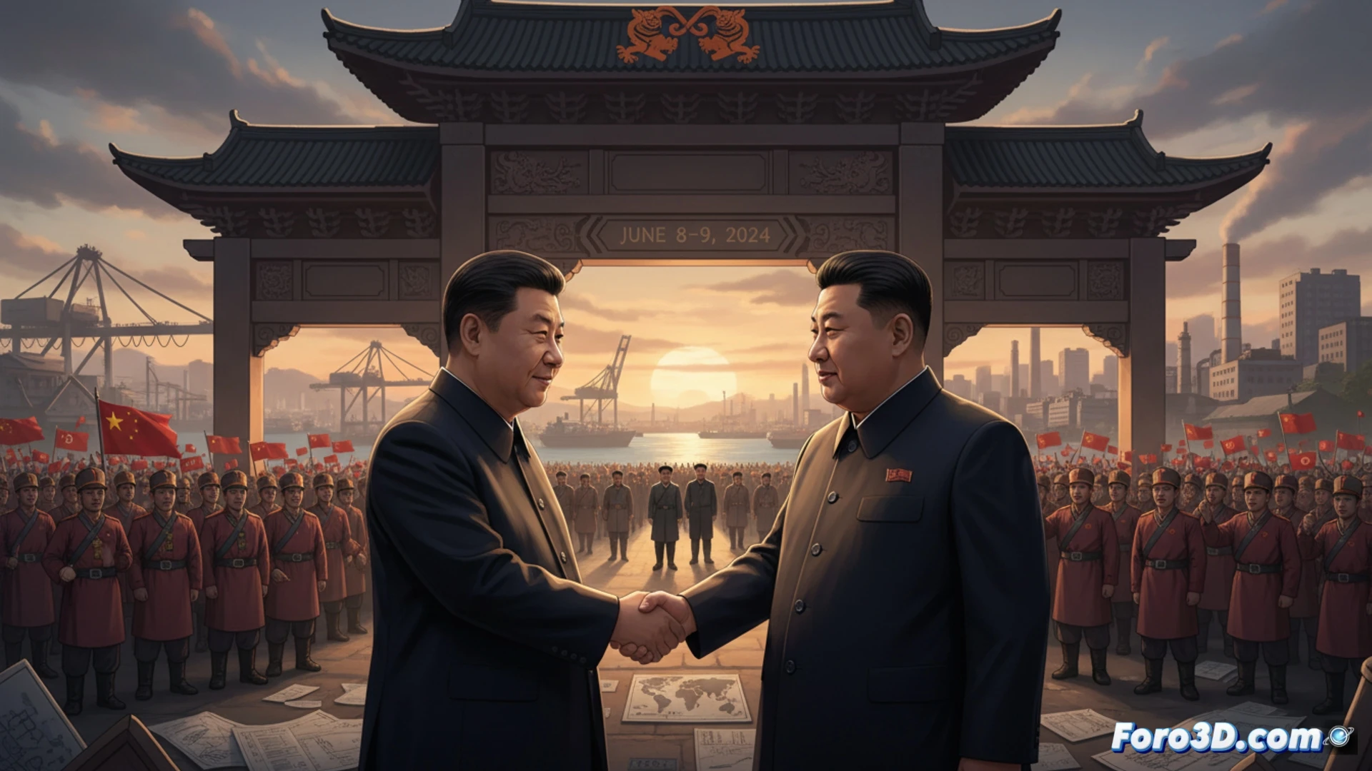 Chinese president Xi Jinping shaking hands with North Korean leader Kim Jong Un in front of a large industrial port map, maritime shipping routes and oil tanker icons glowing on a holographic table, military satellites orbiting above, geopolitical strategy room, cinematic photorealistic lighting, polished concrete walls, flags of China and North Korea on desks, diplomats observing in background, ultra-detailed facial expressions, dramatic shadows, technical engineering visualization
