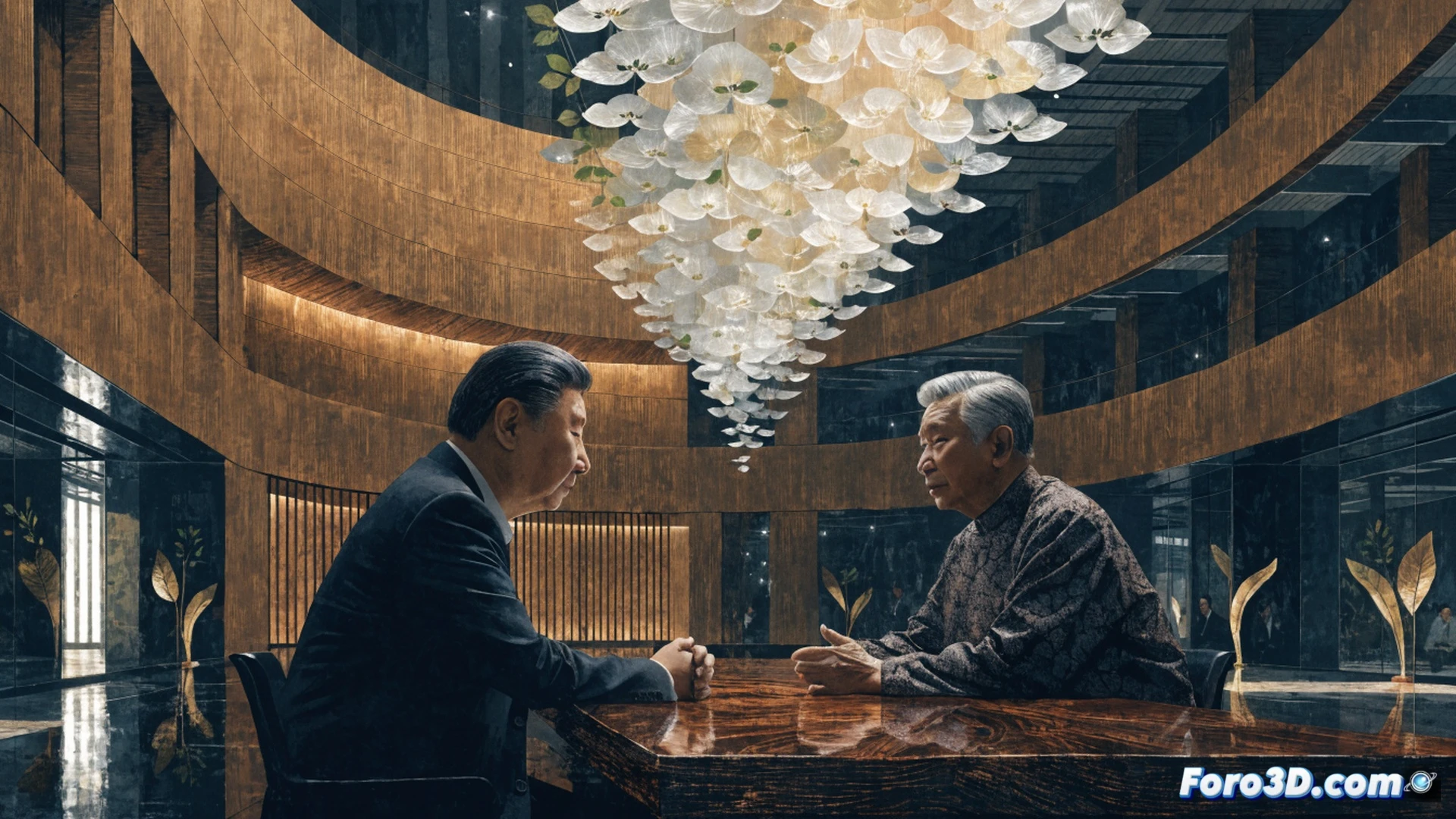 high-level diplomatic handshake between Xi Jinping and Min Aung Hlaing in a Beijing meeting room, both leaders standing over a large digital trade map showing pipeline routes and cargo ship icons, a holographic display floating above the table projecting graphs of import prices and employment stability, Chinese and Myanmar flags behind them, photorealistic political summit visualization, polished marble floor reflecting soft ambient light, subtle lens flare on the transparent hologram, sharp suits and formal attire, calm but firm body language during the agreement process, cinematic lighting with warm golden tones, ultra-detailed facial features and fabric textures, technical illustration style with clear geopolitical symbolism