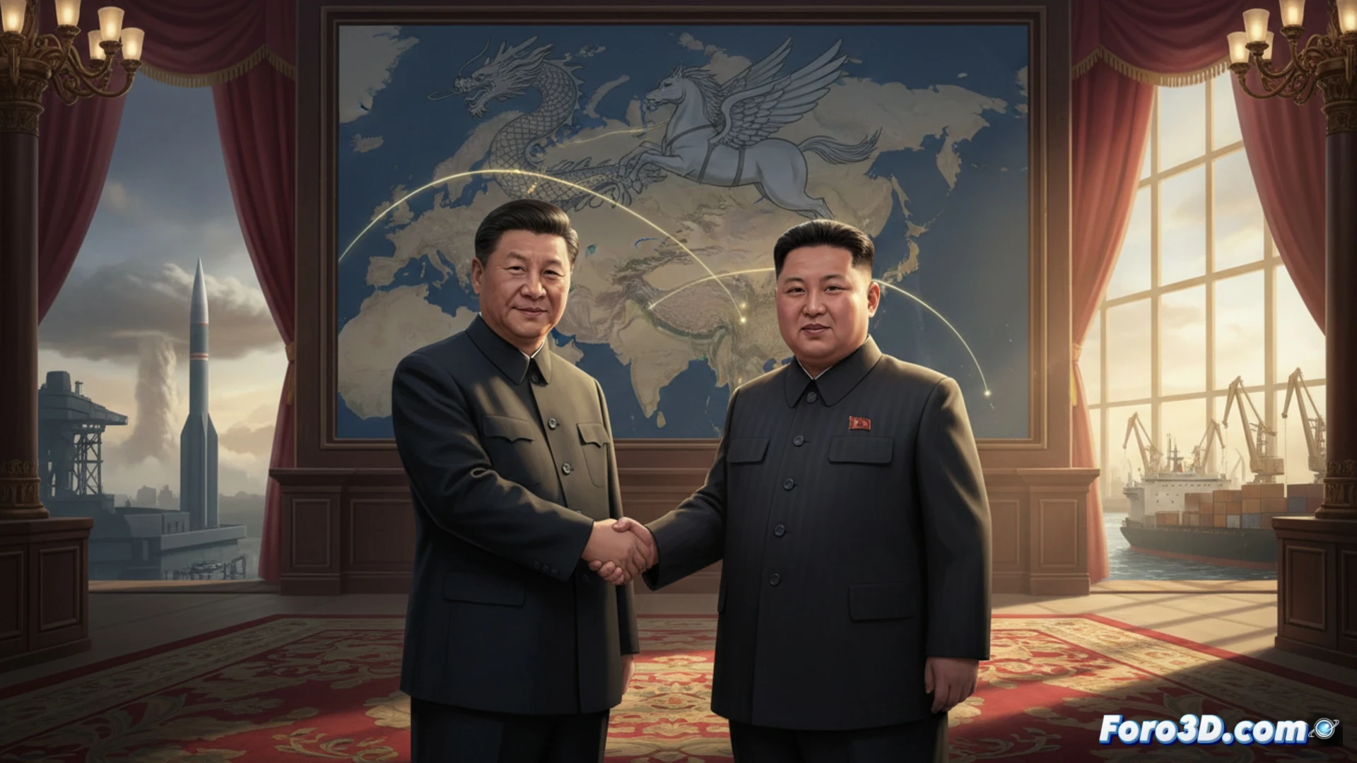 Xi Jinping and Kim Jong Un walking side by side through a high-tech railway control center, large curved screens displaying real-time trade route maps and nuclear facility satellite imagery, Chinese and North Korean engineers shaking hands near a server rack showing cross-border data flow, while a holographic globe highlights economic corridors and missile trajectory arcs, cinematic photorealistic visualization, cold blue and warm amber lighting, ultra-detailed control panels, polished concrete floor reflecting screens, dramatic wide-angle perspective, technical documentary style