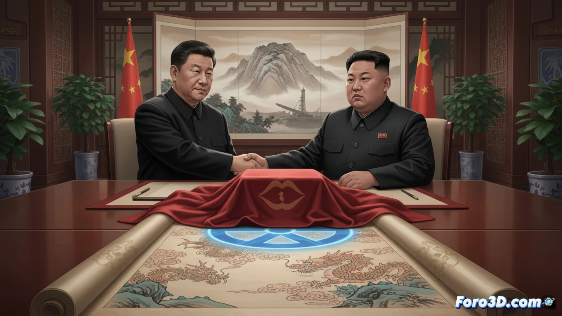 two leaders standing at opposite ends of a long empty negotiation table, a large world map on the wall with China and North Korea highlighted in faint red, a broken missile model lying sideways on the floor near a discarded diplomatic folder, silence emphasized by a single microphone turned off, cinematic photorealistic style, cold blue-gray lighting from overhead, dust particles floating in still air, tense atmosphere, ultra-detailed textures of wood grain and metal, no text or numbers visible, technical visualization of strategic inaction