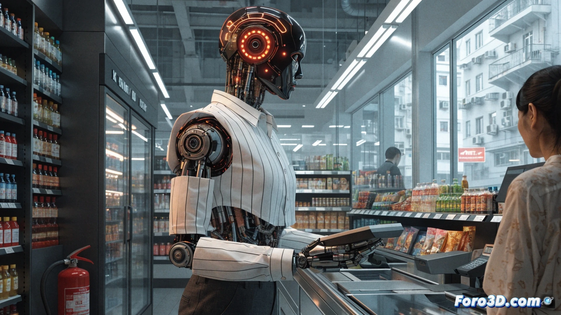humanoid robot named Xiao Gai restocking shelves in a compact Hong Kong supermarket, 1.68-meter metallic body reaching up to 2.3 meters to place a cereal box on a high shelf, robotic hand gripping product with precision, integrated scanner on wrist scanning barcode, customer standing nearby holding a smartphone, checkout counter with digital payment screen and conveyor belt, no visible text or numbers, cinematic photorealistic style, bright LED store lighting, reflective white floor tiles, mechanical joints and servo motors visible on arms, motion blur on robot arm during placement, holographic inventory display floating beside the robot, ultra-detailed engineering visualization