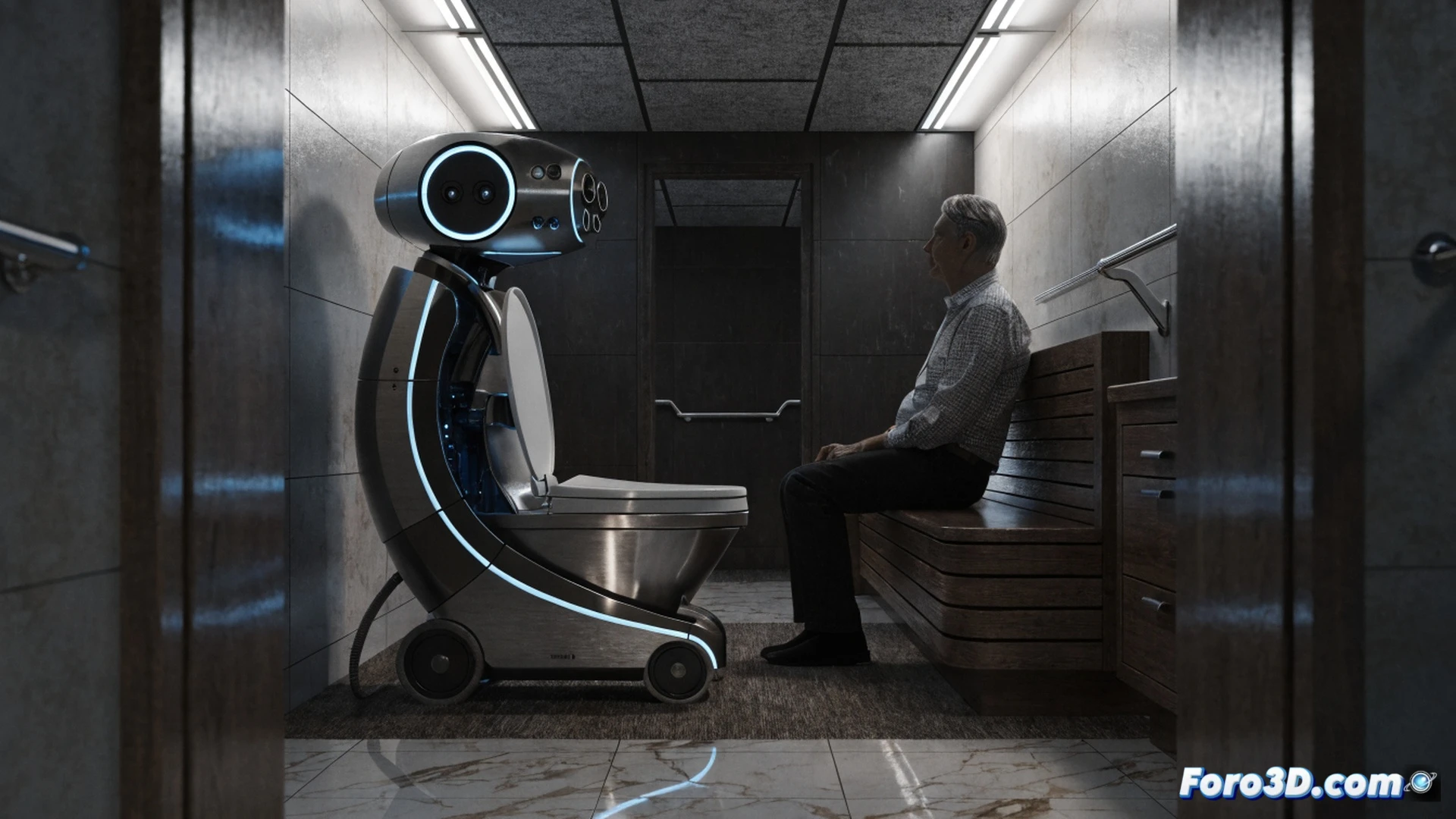 white robotic toilet with wheels moving across a modern living room toward an elderly person sitting on a sofa, person gesturing with hand while looking at the approaching device, sensors on the front glowing blue, rubber wheels on hardwood floor, sleek futuristic design, lid slightly open revealing a white seat, assistance handle on the side, calm indoor lighting, photorealistic product visualization, clean minimalist background, soft shadows, detailed mechanical joints and sensor array, cinematic angle slightly low to emphasize movement, demonstrating autonomous navigation process