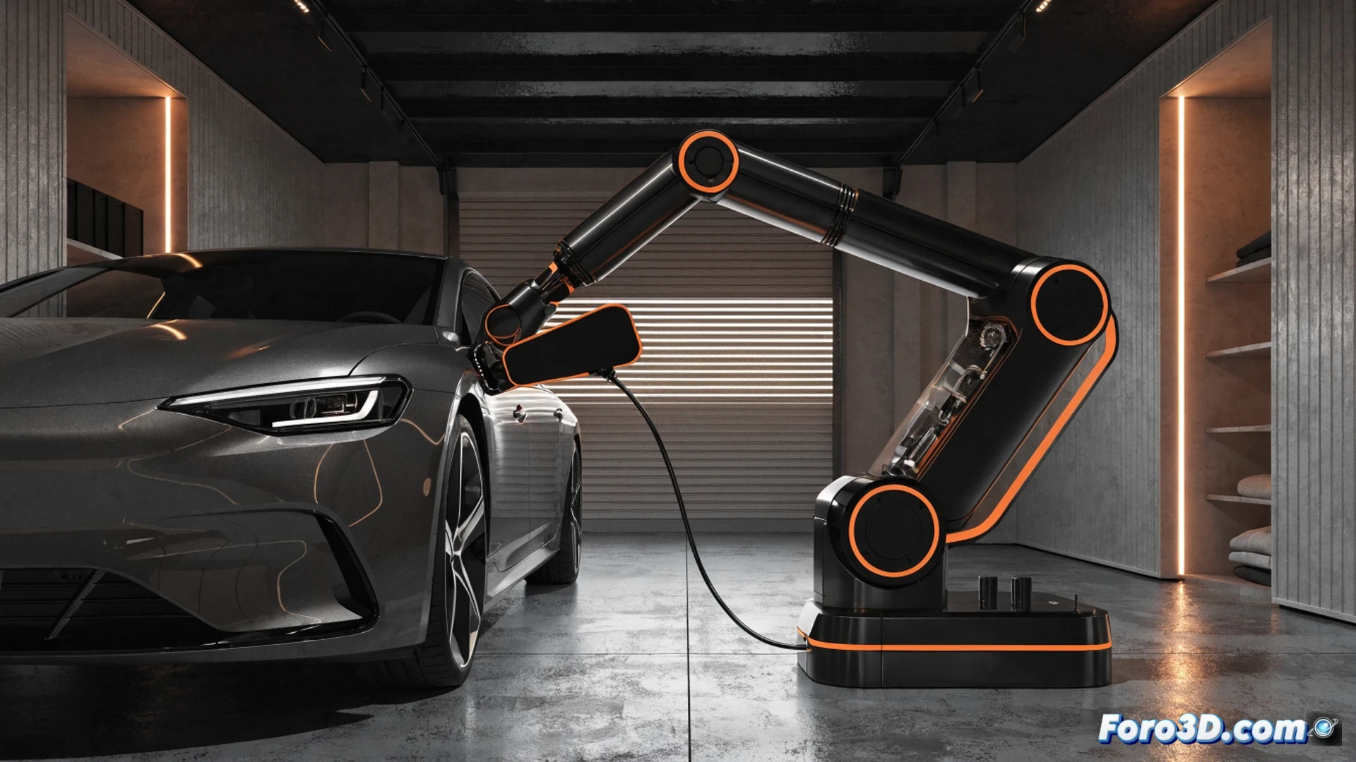 Xiaomi robotic car charger in a modern home garage, robotic arm extending from wall-mounted unit toward electric vehicle charging port, arm gripper holding charging plug with precision, car headlights illuminating the scene, smartphone screen on nearby table showing charging status, motion lines indicating arm movement, sleek white and metallic design, cinematic engineering visualization, photorealistic industrial lighting, smooth mechanical joints visible, garage floor with subtle reflections, futuristic smart home atmosphere