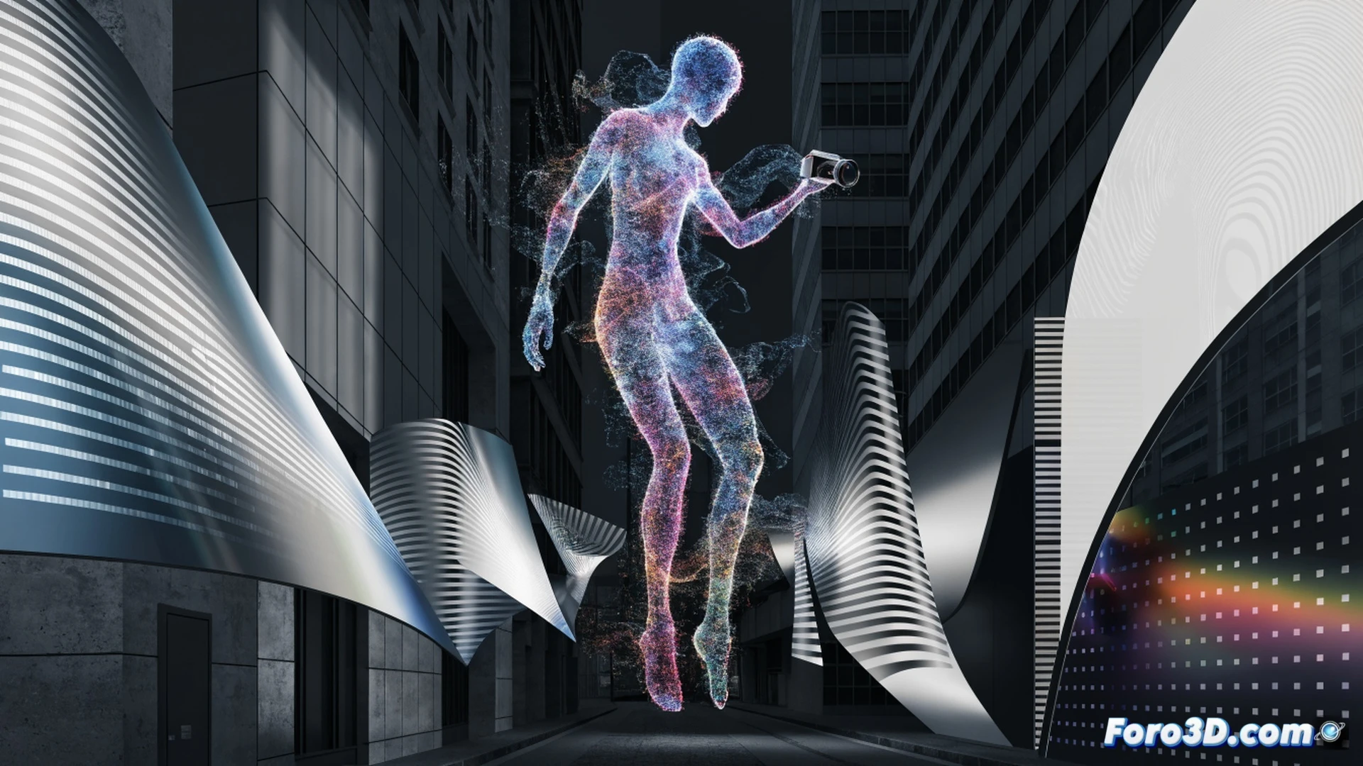 smartphone camera pointed at a 3D holographic billboard on a rainy city street, holographic ghost figure emerging from the advertisement tracking the viewer's gaze, phone screen displaying AR overlay with surveillance interface, invisible camera lens glowing faintly blue, cinematic photorealistic technical illustration, night scene with neon reflections on wet pavement, ghostly translucent figure with data streams flowing around it, motion blur on passing pedestrians, ultra-detailed lens flare and glass reflections, dramatic blue-tinted lighting with high contrast shadows, hyper-realistic urban environment