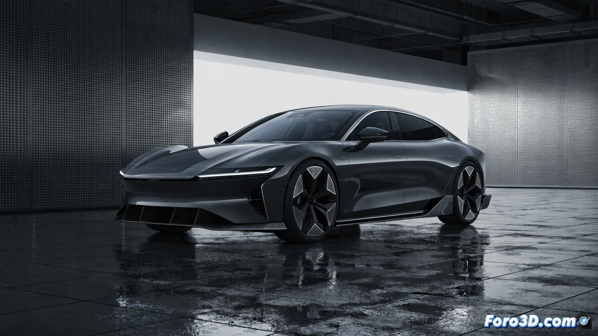 Xiaomi SU7 Ultra electric sedan drifting aggressively on a racetrack corner, rear wheels spinning with blue electric arcs and glowing brake discs, carbon fiber diffuser and active rear wing deployed, aerodynamic vortex patterns visible over the body, suspension compressing under lateral G-force, tire smoke mixing with light trails, cinematic engineering visualization, dark metallic paint with orange accents, hypercar-like stance contrasted by four-door sedan silhouette, photorealistic technical render, motion blur, dramatic pit lane lighting, ultra-detailed wheel spokes and brake calipers