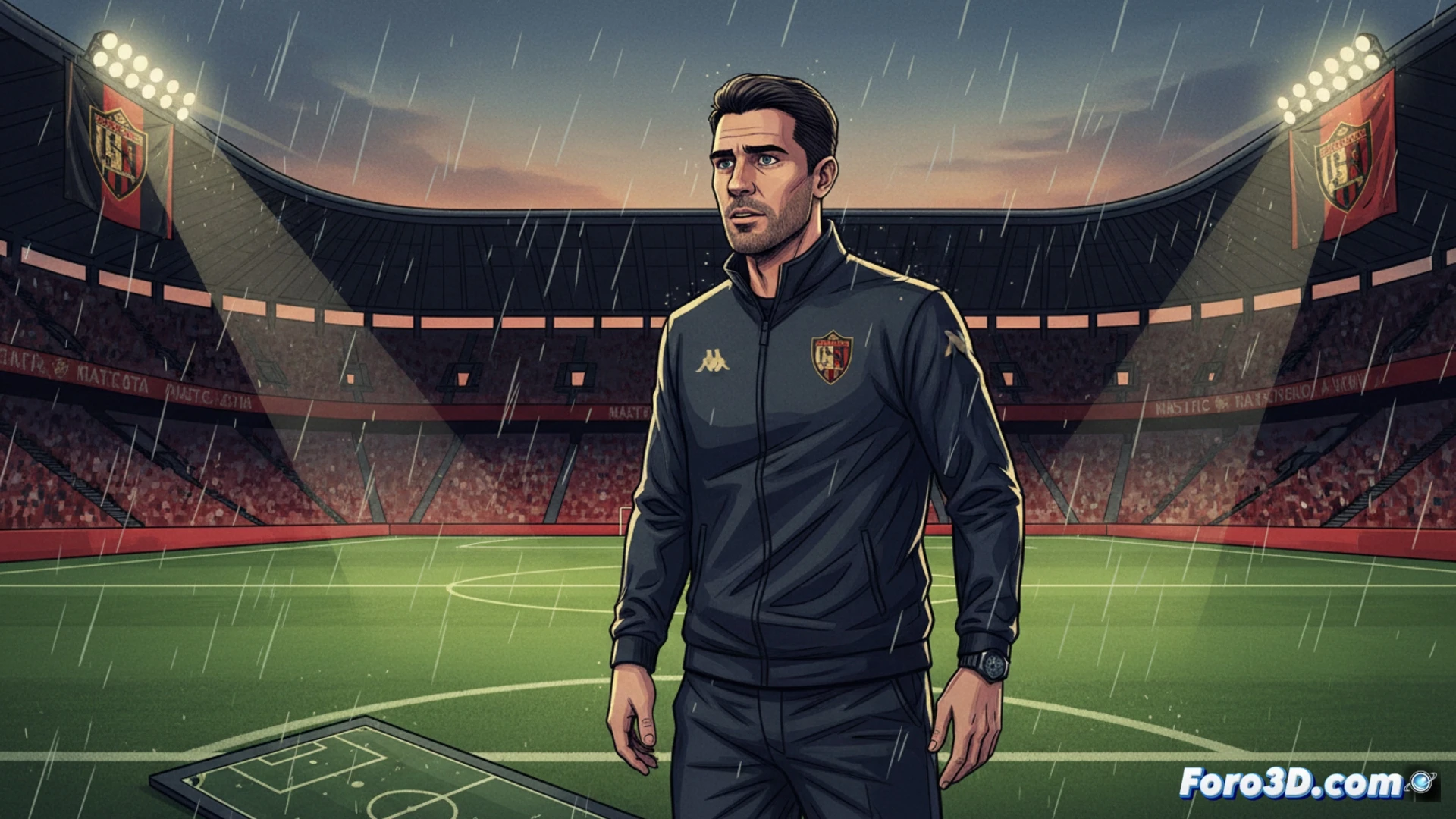 Xisco Campos en el centro de un campo de fútbol, sosteniendo una tableta digital con diagramas tácticos, rodeado de jugadores del Nàstic en formación de entrenamiento, balones en el suelo, conos de entrenamiento y un banquillo técnico vacío al fondo, durante una sesión de estrategia, demostrando su transición de asistente a entrenador principal, estilo cinematográfico, iluminación de estadio al atardecer, fotorealista, enfoque nítido en el rostro concentrado, fondo con gradas vacías y marcador apagado, alta definición técnica