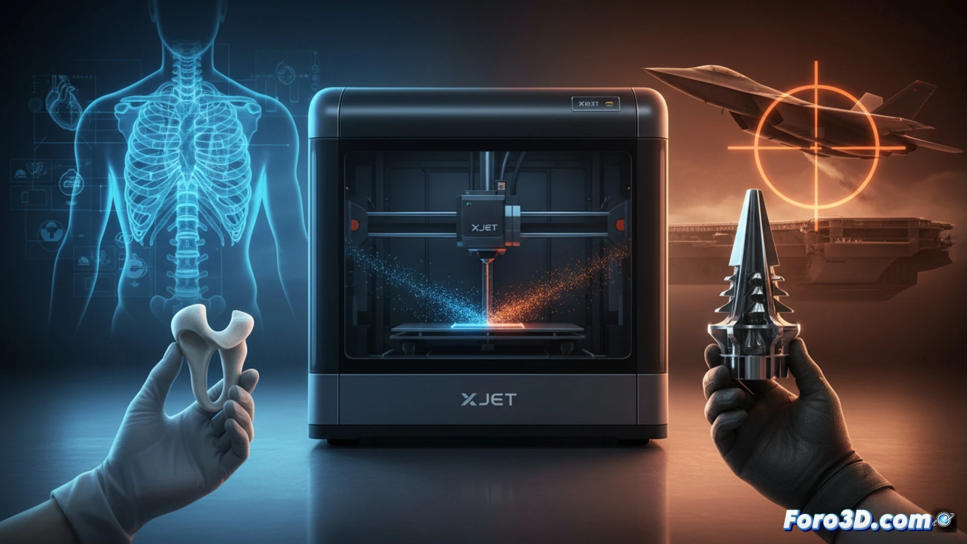 XJet NanoParticle Jetting printer nozzle depositing ceramic and metal droplets onto a complex medical implant component, laser sintering process visible with blue glow, robotic arm positioning a titanium part for defense aerospace application, 3D-Werk Black Forest engineers monitoring real-time microscopy display showing sub-millimeter tolerances, cleanroom environment with HEPA filters, cinematic engineering visualization, photorealistic industrial lighting, metallic and ceramic surface textures ultra-detailed, motion blur on deposition process, technical illustration style