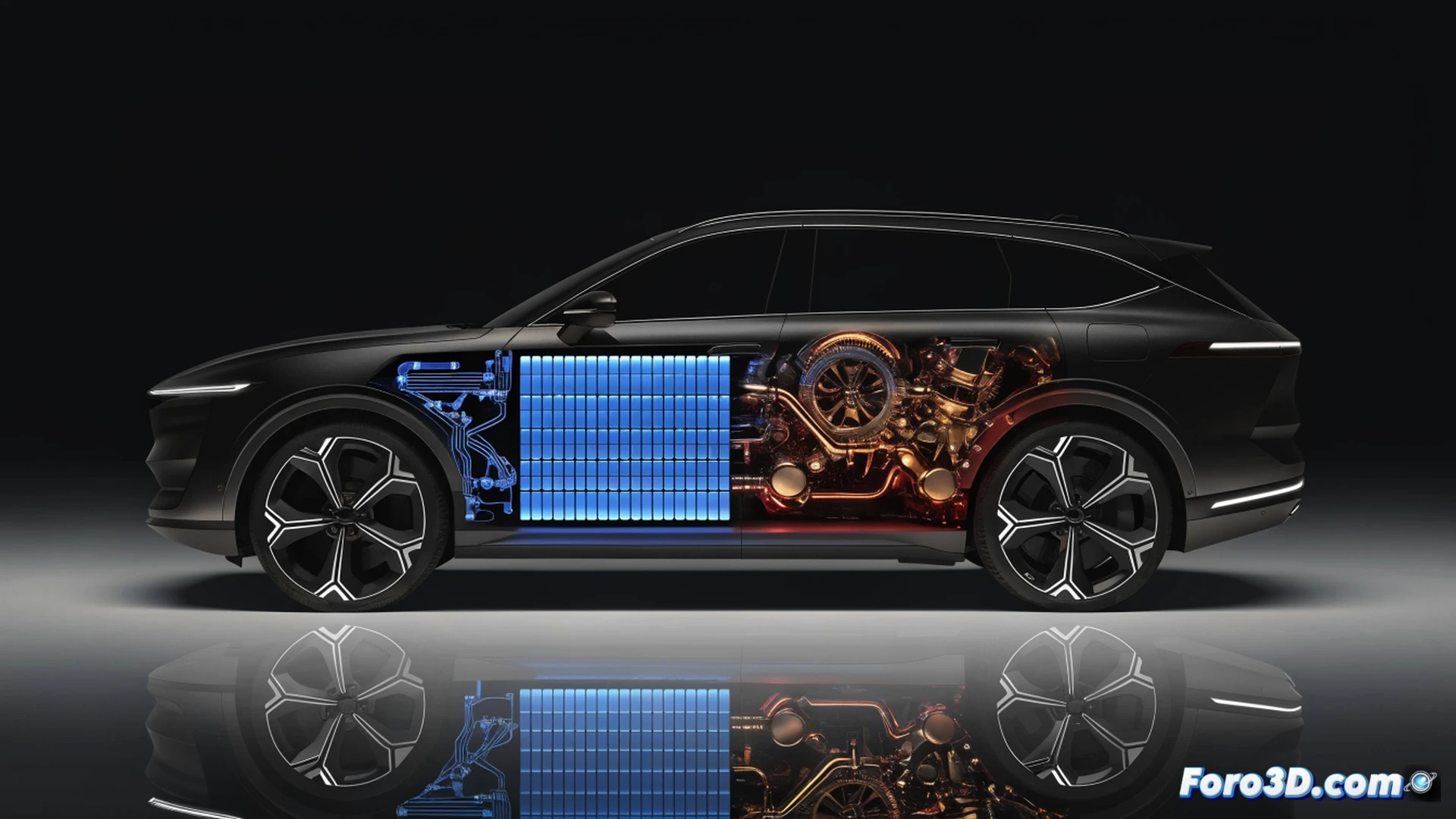 Xpeng G7 SUV stationary at a futuristic charging station, front hood open revealing a compact gasoline engine alongside a lithium battery pack, transparent cables connecting both energy systems, a robotic arm swapping a battery module while a fuel nozzle retracts, split energy flow diagram glowing in neon blue and orange, cinematic engineering visualization, photorealistic metallic body, dramatic low-angle lighting, sparks arcing from the charging port, dust particles suspended in air, ultra-detailed mechanical components, technical illustration style
