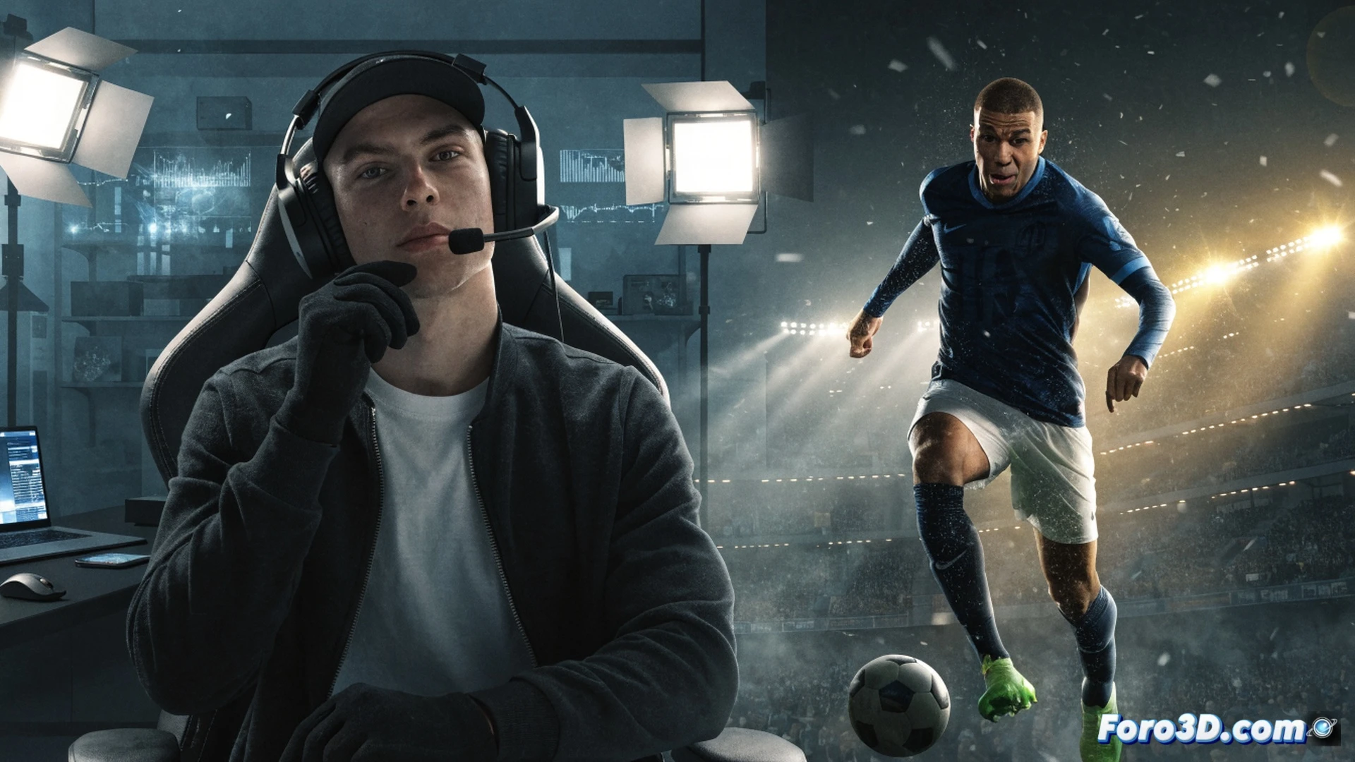 streamer sitting at gaming desk with RGB keyboard and microphone, frozen computer monitor displaying football match clip with red copyright claim overlay, Twitch dashboard alert notification glowing on secondary screen, hand paused mid-air over mouse while face shows surprise, cinematic technical illustration, dark room with neon blue and purple lighting, photorealistic detail on hardware components, dramatic shadows highlighting the moment of automated content detection