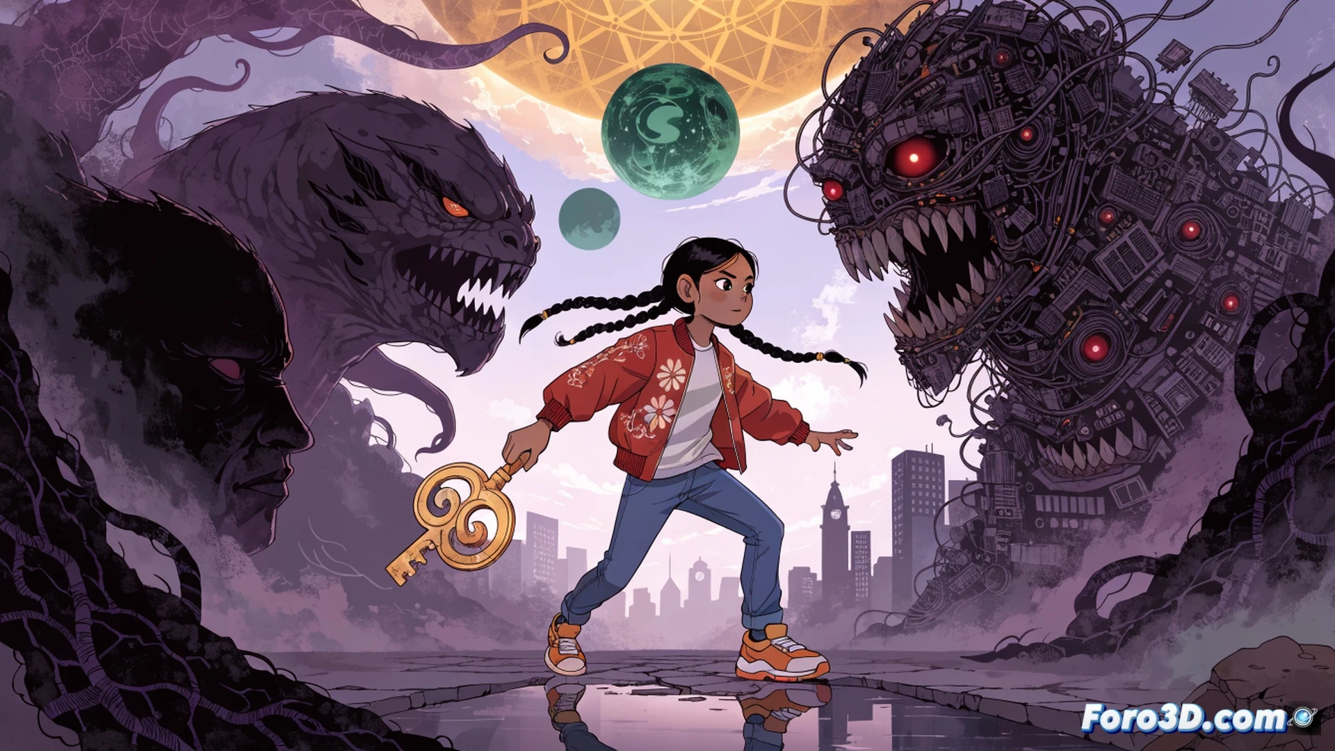 A young girl immigrant protagonist holding a glowing Arabic letter shield while facing a shadowy monster made of scrambled English letters, each chapter showing a new Arabic word morphing from the monster’s body during combat, educational comic book style, dynamic action pose, bright fantasy classroom backdrop with floating books and chalkboard, soft cinematic lighting, detailed line art with vibrant color palette, sequential panel layout faintly visible in background, emotional expression of determination, whimsical yet heroic illustration, clean vector-like rendering, epic battle scene demonstrating language learning as empowerment.