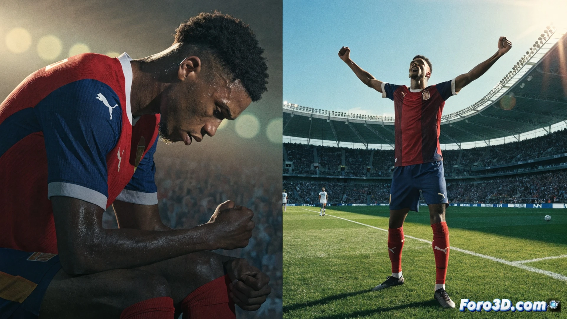 young footballer in Spain jersey mid-kick, ball exploding off his boot into net, stadium crowd erupting in background, dynamic action freeze-frame, cinematic sports photography style, dramatic stadium floodlights casting long shadows, grass blades flying from turf impact, net mesh stretching from ball force, photorealistic render with high contrast lighting, motion blur on celebrating teammates, emotional intensity captured in player's determined expression, ultra-detailed fabric textures and sweat droplets, wide-angle lens perspective emphasizing speed and power
