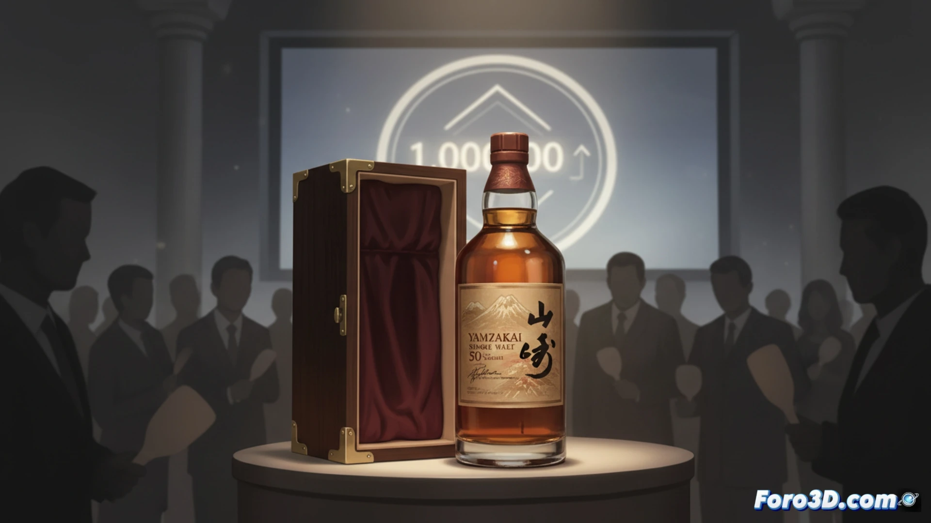 Japanese whisky Yamazaki 50-year-old bottle resting on a polished auction block, a gavel mid-swing above it, Suntory master blender signature visible on the label, a masked auctioneer pointing at a digital bid screen showing 1 million USD, soft spotlight illuminating the amber liquid inside the crystal decanter, surrounding bidders in dark suits raising paddles, cinematic photography style, warm golden reflections on glass, deep shadows in auction room, photorealistic luxury product still life, ultra-detailed cork and foil seal, subtle dust motes in dramatic side lighting
