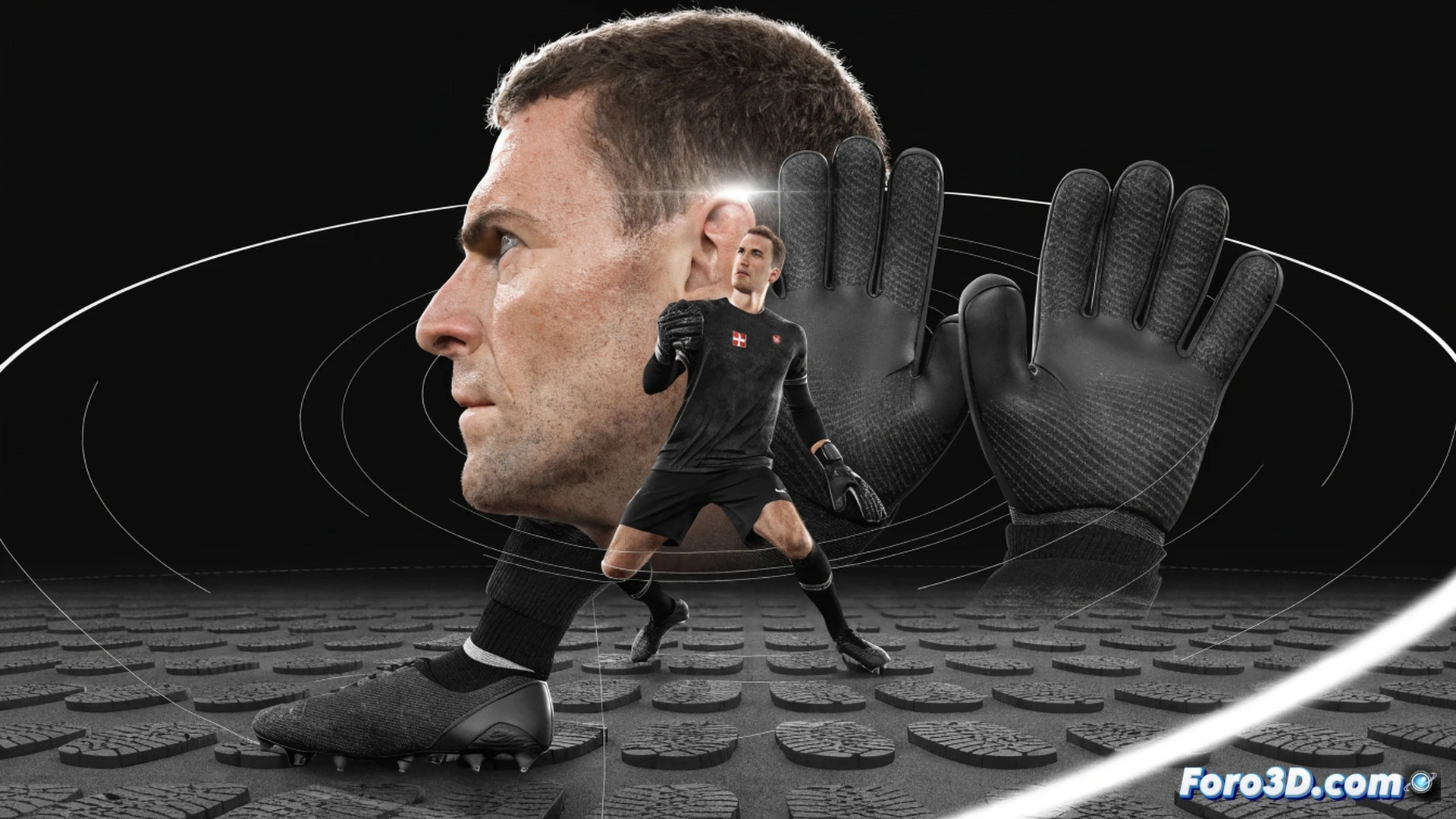 Yann Sommer in a 3D technical analysis scene, diving low to his left while executing a precise block save, hands forming a wide barrier, fingertips grazing a fast-moving soccer ball, trajectory lines tracing the ball path and his lateral displacement, biomechanical markers highlighting ankle drive and torso alignment, wireframe skeleton overlay showing joint angles during the dive, photorealistic engineering visualization, stadium floodlight illumination, green pitch reflection on gloves, motion blur on ball, ultra-detailed muscle tension, cinematic depth of field, Recraft.ai technical illustration