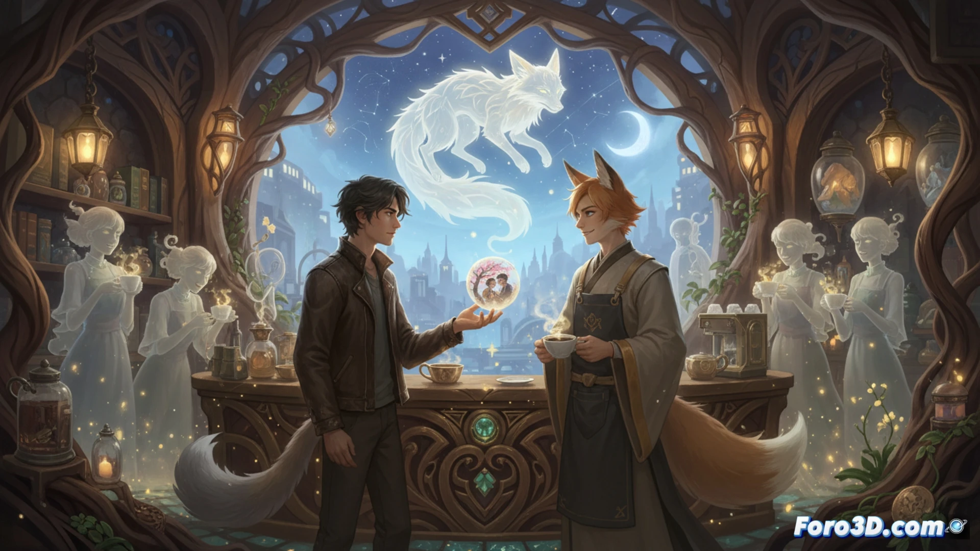 A glowing ethereal café interior at dusk, a translucent fox spirit handing over a shimmering memory orb to a barista named Xilin, while a human figure named Rain watches with karmic chains dissolving into light, barista using a brass espresso machine with steam forming ghostly shapes, shelves lined with jars of luminous memories, cinematic fantasy illustration, warm amber and cool blue lighting, ethereal particles floating, detailed wooden counter and copper tools, photorealistic digital painting, magical realism, soft motion blur on spirit movement, dramatic chiaroscuro, ultra-detailed textures on ceramic cups and steam wisps