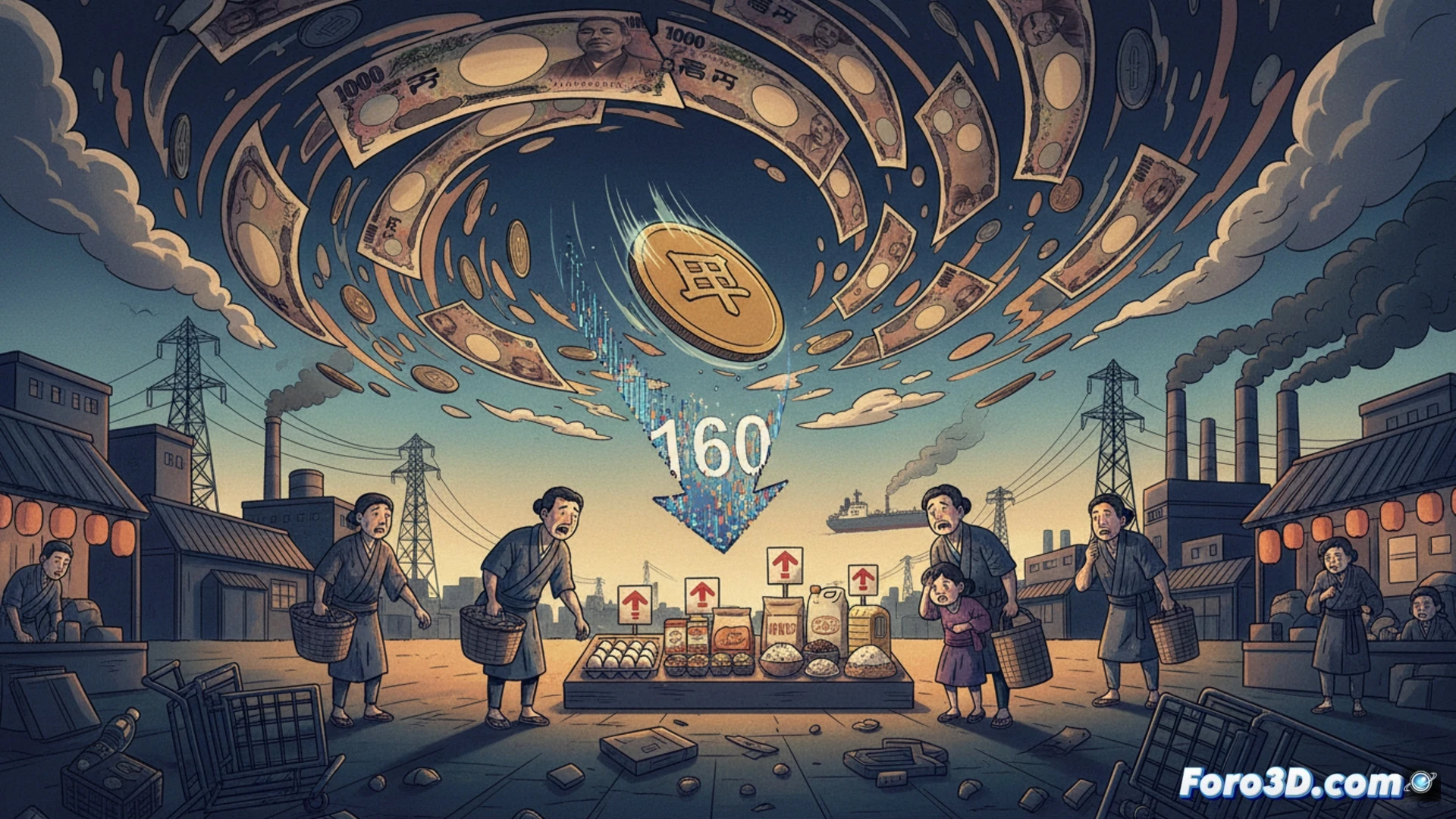 Japanese yen coin falling through a digital currency exchange interface, 160 yen per dollar rate displayed on a glowing red LED stock ticker, supermarket price tags for imported food and fuel rising rapidly, government intervention documents crumpled in background, hand reaching to stop the fall but failing, cinematic financial visualization, dark trading floor atmosphere, motion blur on falling currency, realistic economic data graphics, dramatic overhead lighting, ultra-detailed metal engraving on coin, photorealistic technical render