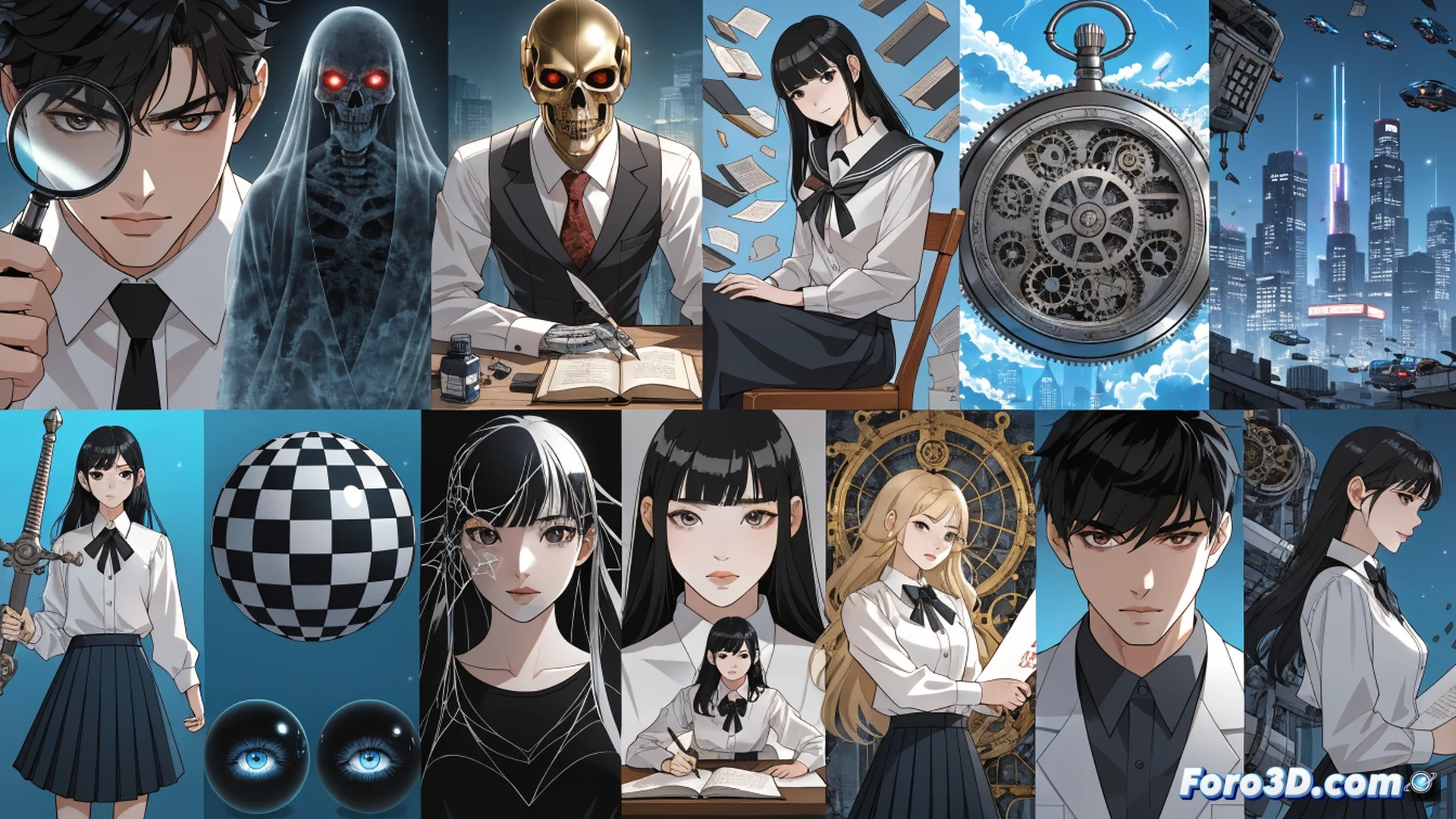 sixteen manga volumes and light novels floating in a glowing spiral formation, each cover showing distinct genres from detective noir to school drama, a robotic hand reaching toward a holographic library interface while vintage magnifying glass hovers above, bookshelves transforming into digital data streams in background, cinematic technical illustration, dramatic spotlight illuminating book spines with metallic foil reflections, ultra-detailed paper textures and screen glows, photorealistic engineering visualization