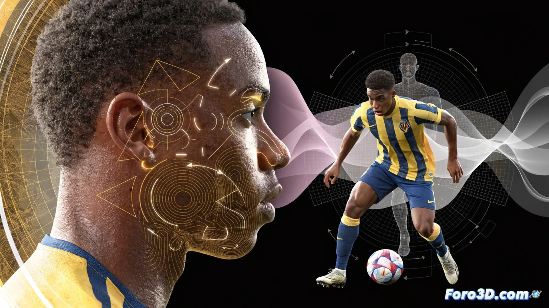 Yeremy Pino dribbling at full speed in a tight defensive corridor, left foot cutting inside while right arm extends for balance, biomechanical motion lines tracing his hip rotation and ankle flexion, green Villarreal kit with yellow trim, opponent defender sliding in late, tactical heatmap overlay projected on the pitch showing his high-activity zone near the right wing, 3D wireframe skeleton glowing under his kit, isometric technical camera angle, cinematic sports engineering visualization, dynamic motion blur on his trailing leg, soft stadium floodlighting casting sharp shadows, photorealistic biomechanical analysis render