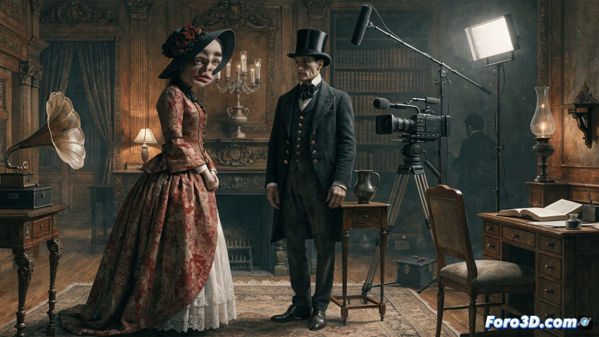Victorian-style bedroom set transformed into a surreal film set, a woman in period costume standing frozen mid-gesture while her husband adjusts a hidden syringe behind a fake window, visible camera rigs and lighting equipment surrounding the decor, peeling wallpaper revealing modern studio walls, cracked porcelain doll on the floor, cinematic photorealistic style, dramatic chiaroscuro lighting from a single practical lamp, dust particles floating in the beam, subtle digital glitch effect on the edges, hyper-detailed textures of velvet and wood, psychological tension in the composition